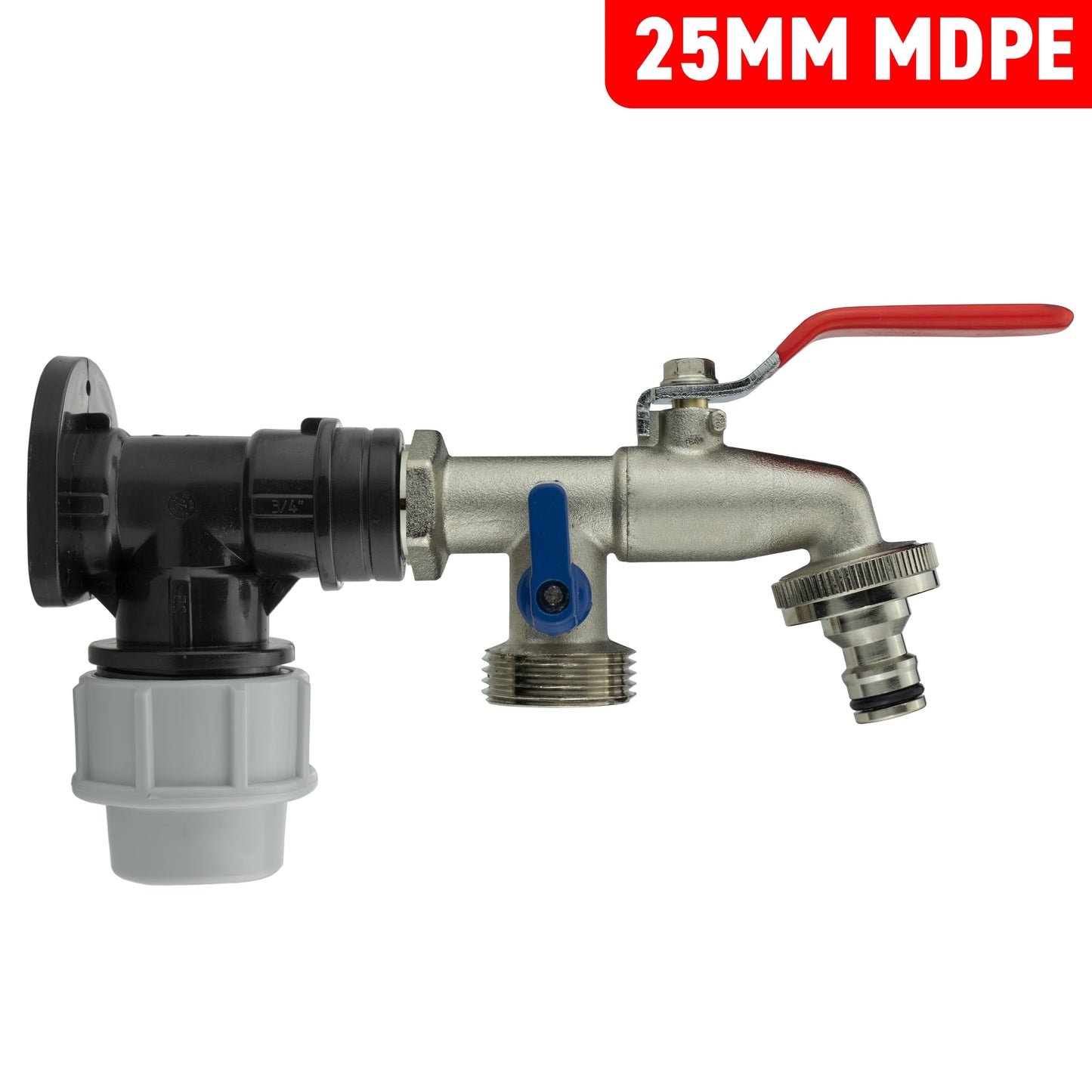 Wall Flange Kit 25mm MDPE + Double Lever Tap 3/4 BSP for Drip Irrigation Fitting