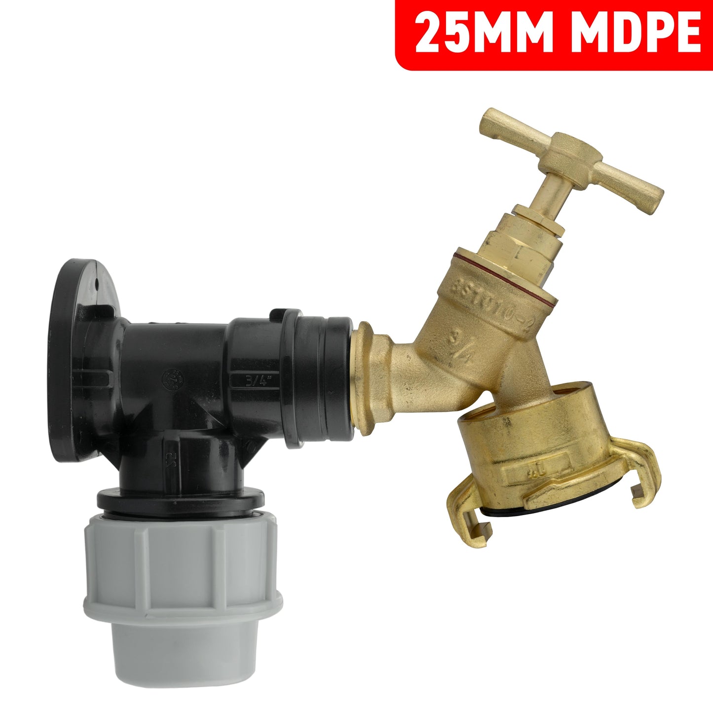 Wall Flange Kit 25mm MDPE + Brass Bib Tap with Geka Claw Outlet Water Connector
