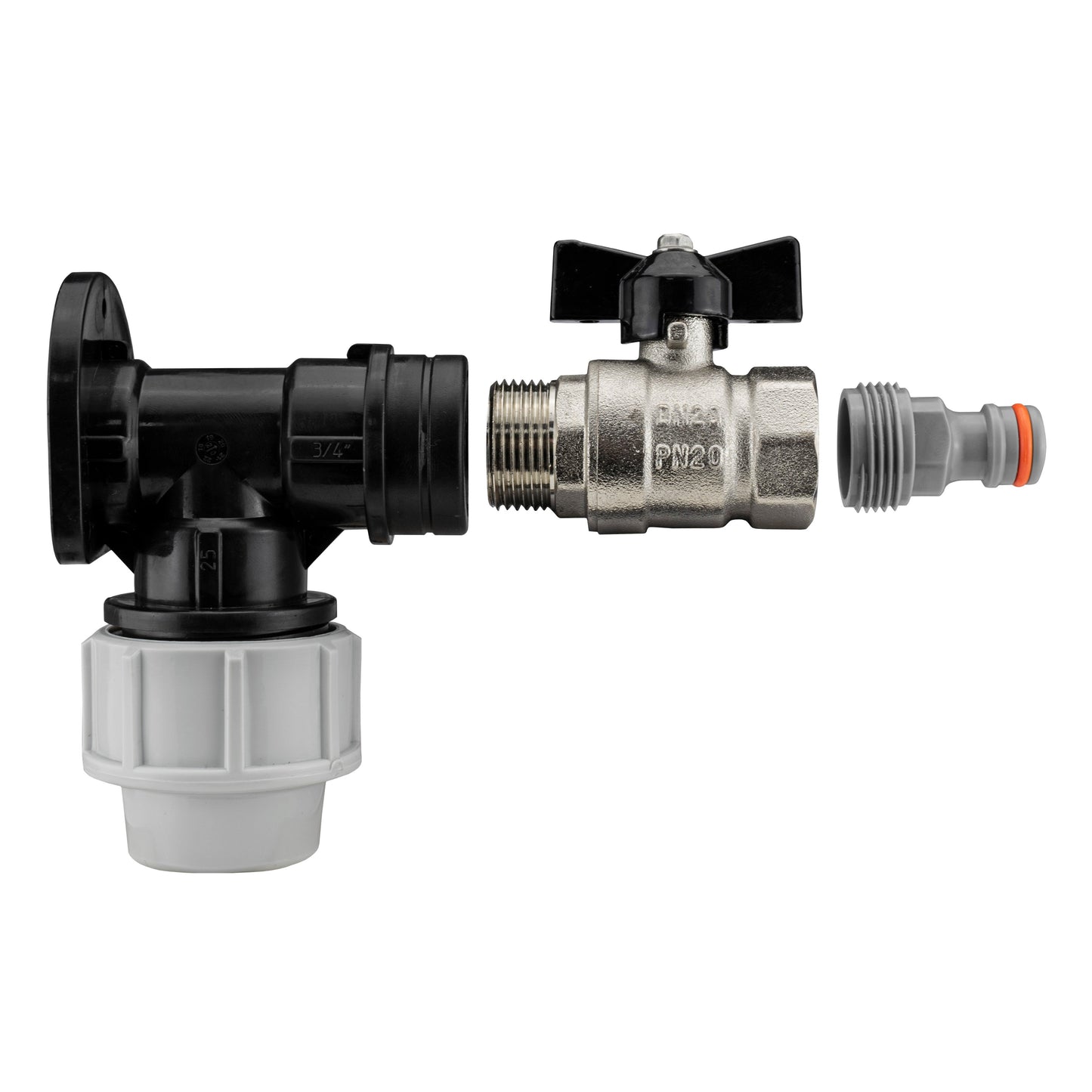AP Supplies Wall Flange Kit 32mm MDPE + Bib Valve + Click Lock Male WL