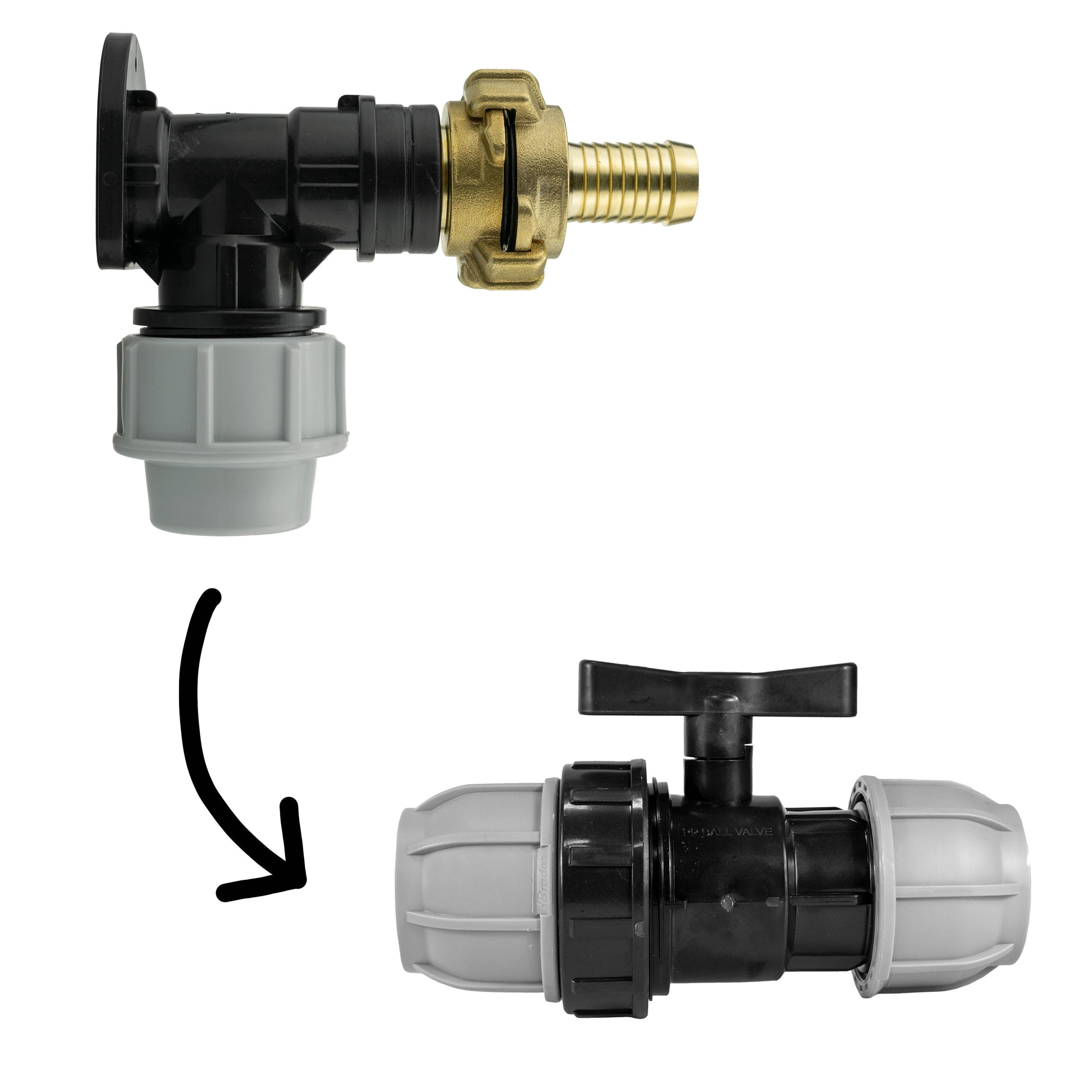 AP Supplies Wall Flange Kit 32mm MDPE + 32mm MDPE Valve + 19mm Barbed Geka Set