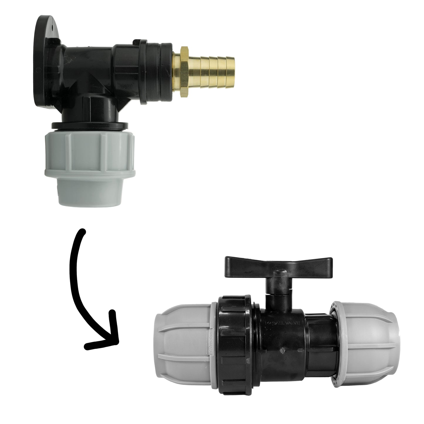 Wall Flange Kit 25mm MDPE + 25mm MDPE Valve + 19mm Brass Barb BSP Thread Fitting