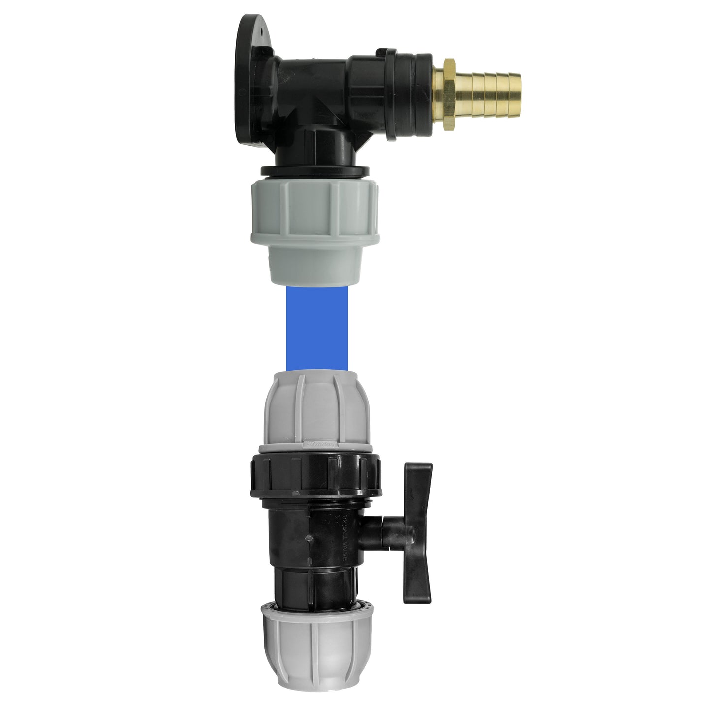 Wall Flange Kit 25mm MDPE + 25mm MDPE Valve + 19mm Brass Barb BSP Thread Fitting