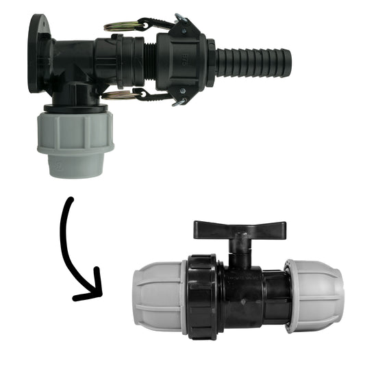 Wall Flange Kit 25mm MDPE + 25mm MDPE Valve + 3/4in Camlock Type B+E Tap Adapter