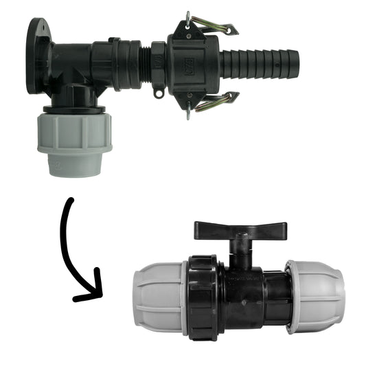 Wall Flange Kit 25mm MDPE + 25mm MDPE Valve + 3/4in Camlock Type F+C Tap Adapter