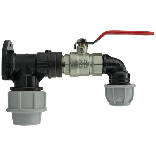 AP Supplies Wall Flange Kit 32mm MDPE + Lever Valve + 20mm MDPE Elbow