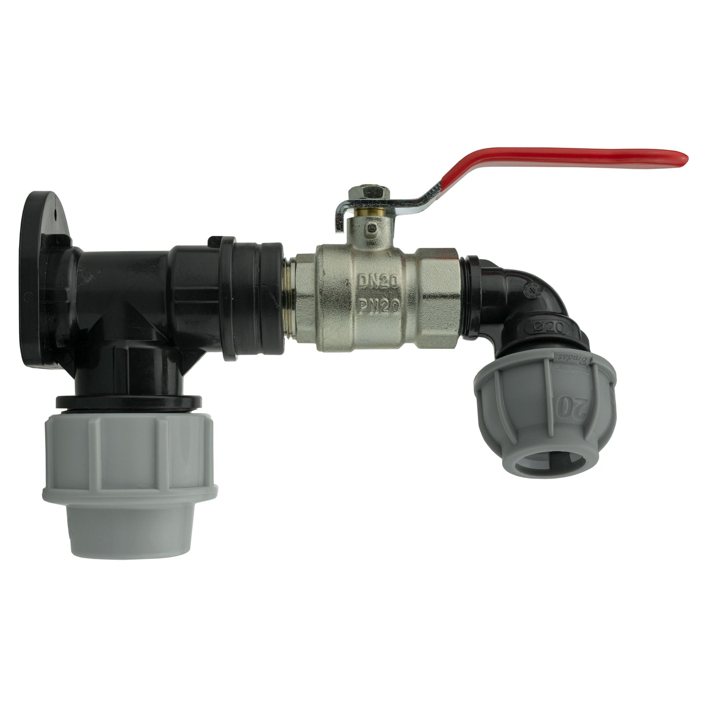 AP Supplies Wall Flange Kit 32mm MDPE + Lever Valve + 20mm MDPE Elbow