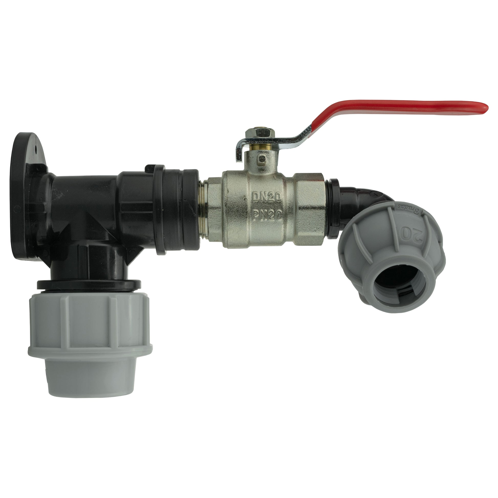 AP Supplies Wall Flange Kit 32mm MDPE + Lever Valve + 20mm MDPE Elbow