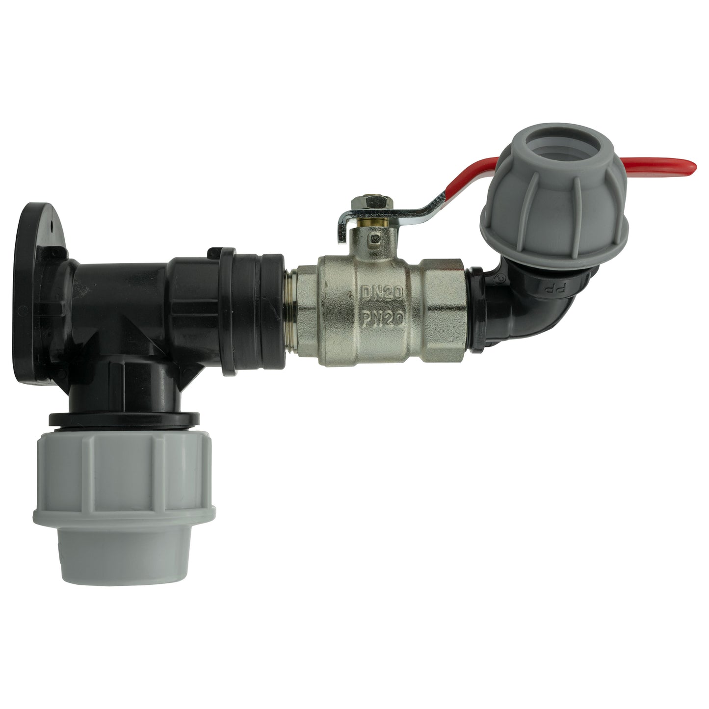 Wall Flange Kit 25mm MDPE + Lever Valve + 20mm MDPE Elbow for Hose Connector Set