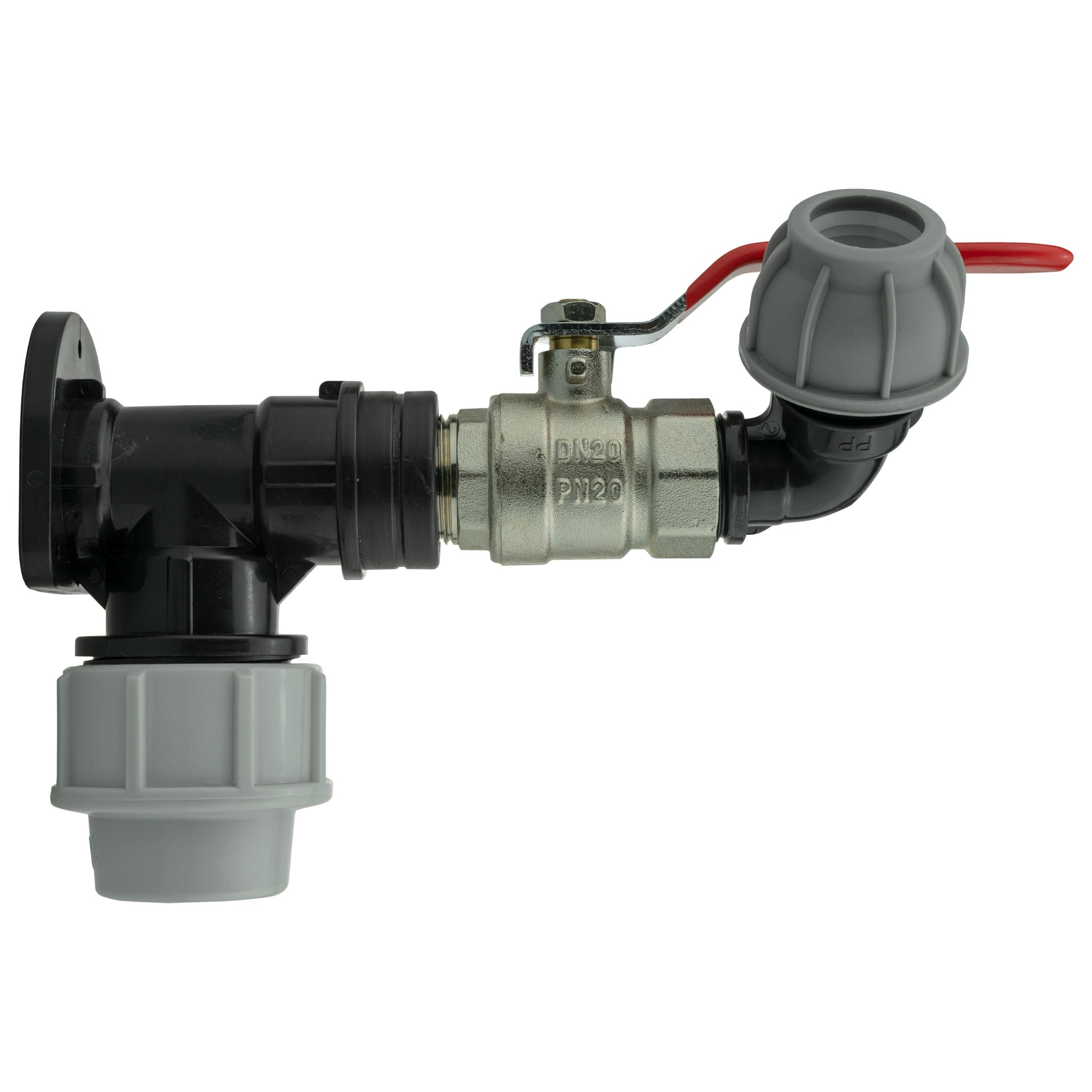 AP Supplies Wall Flange Kit 32mm MDPE + Lever Valve + 20mm MDPE Elbow