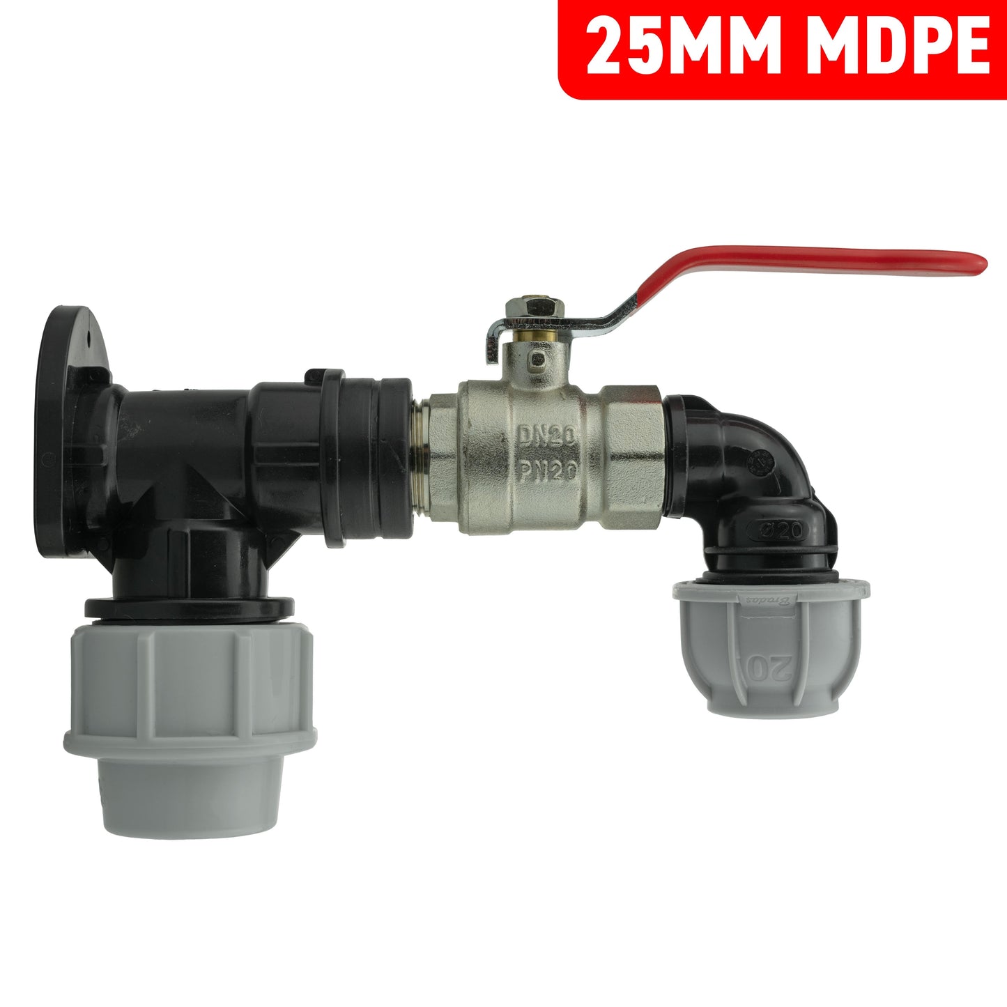 Wall Flange Kit 25mm MDPE + Lever Valve + 20mm MDPE Elbow for Hose Connector Set