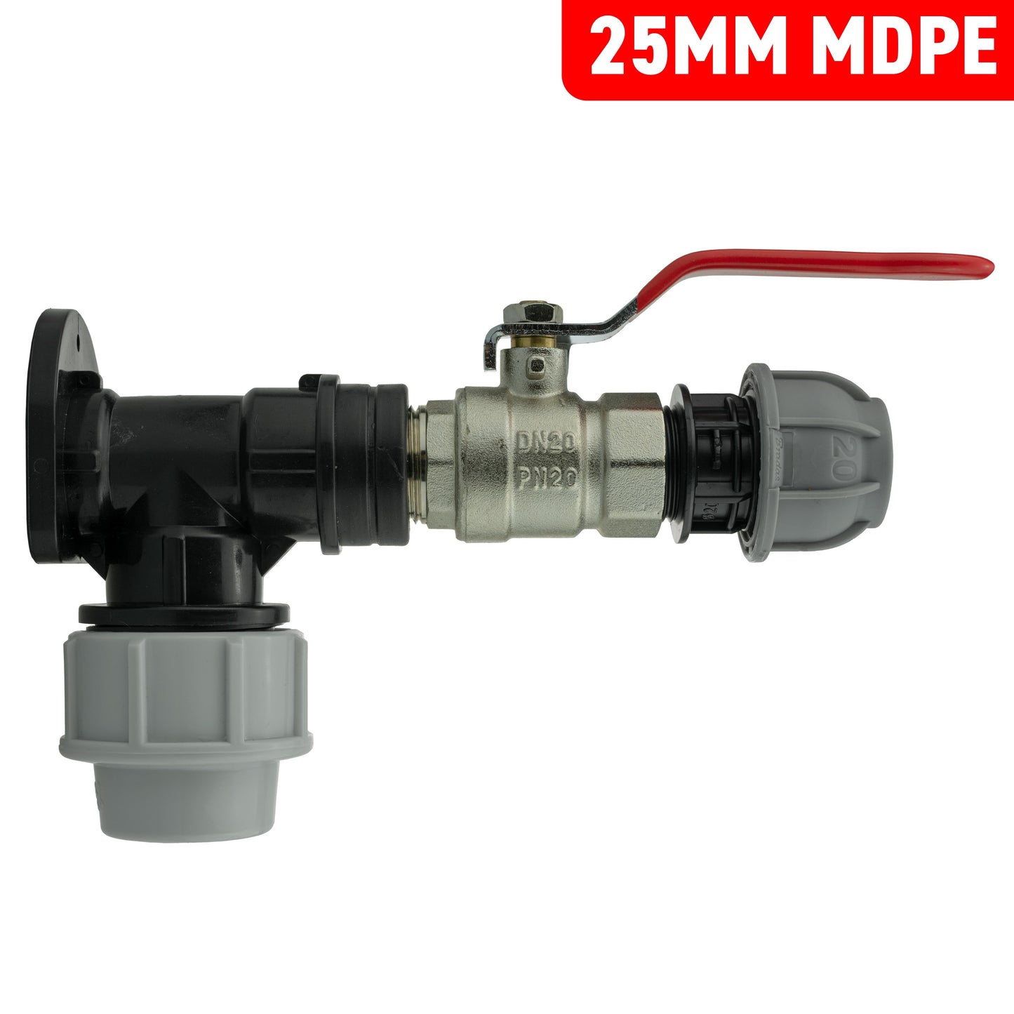 Wall Flange Kit 25mm MDPE + Lever Valve + 20mm MDPE Straight for Water Connector