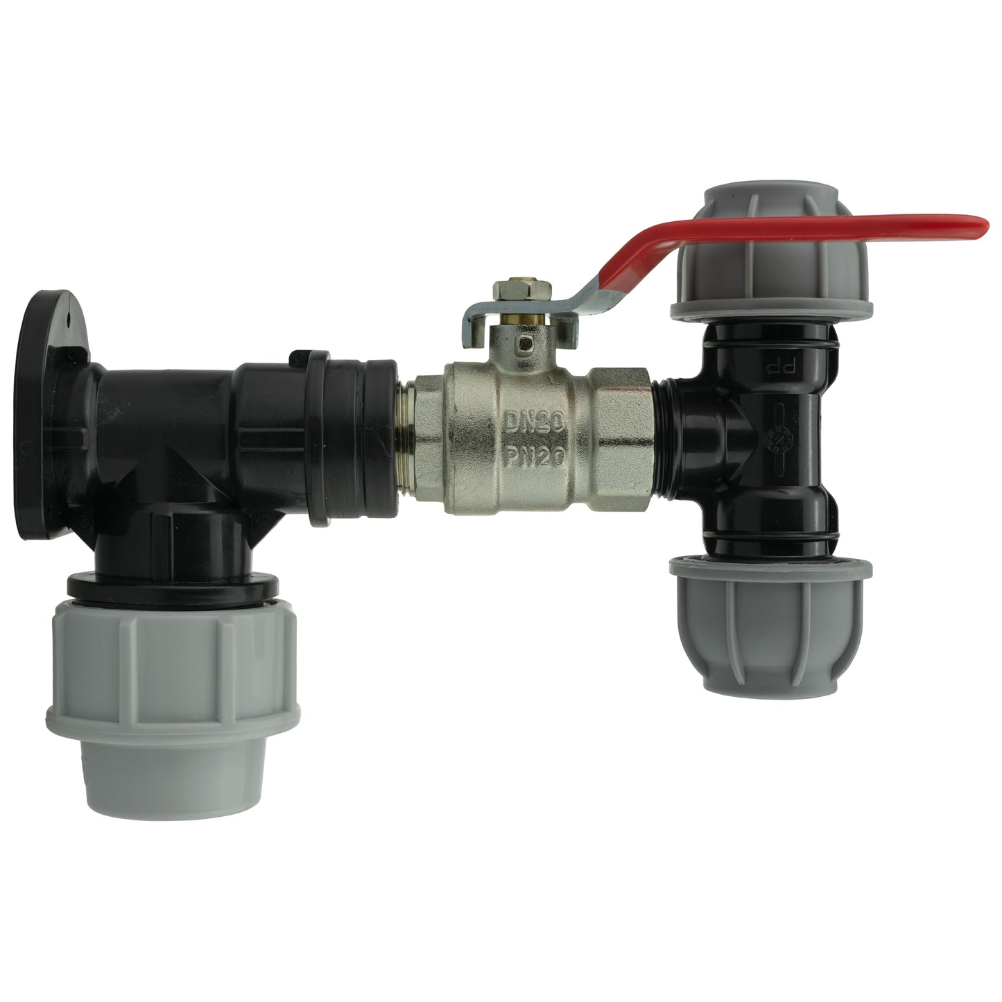 AP Supplies Wall Flange Kit 32mm MDPE + Lever Valve + 20mm MDPE Tee
