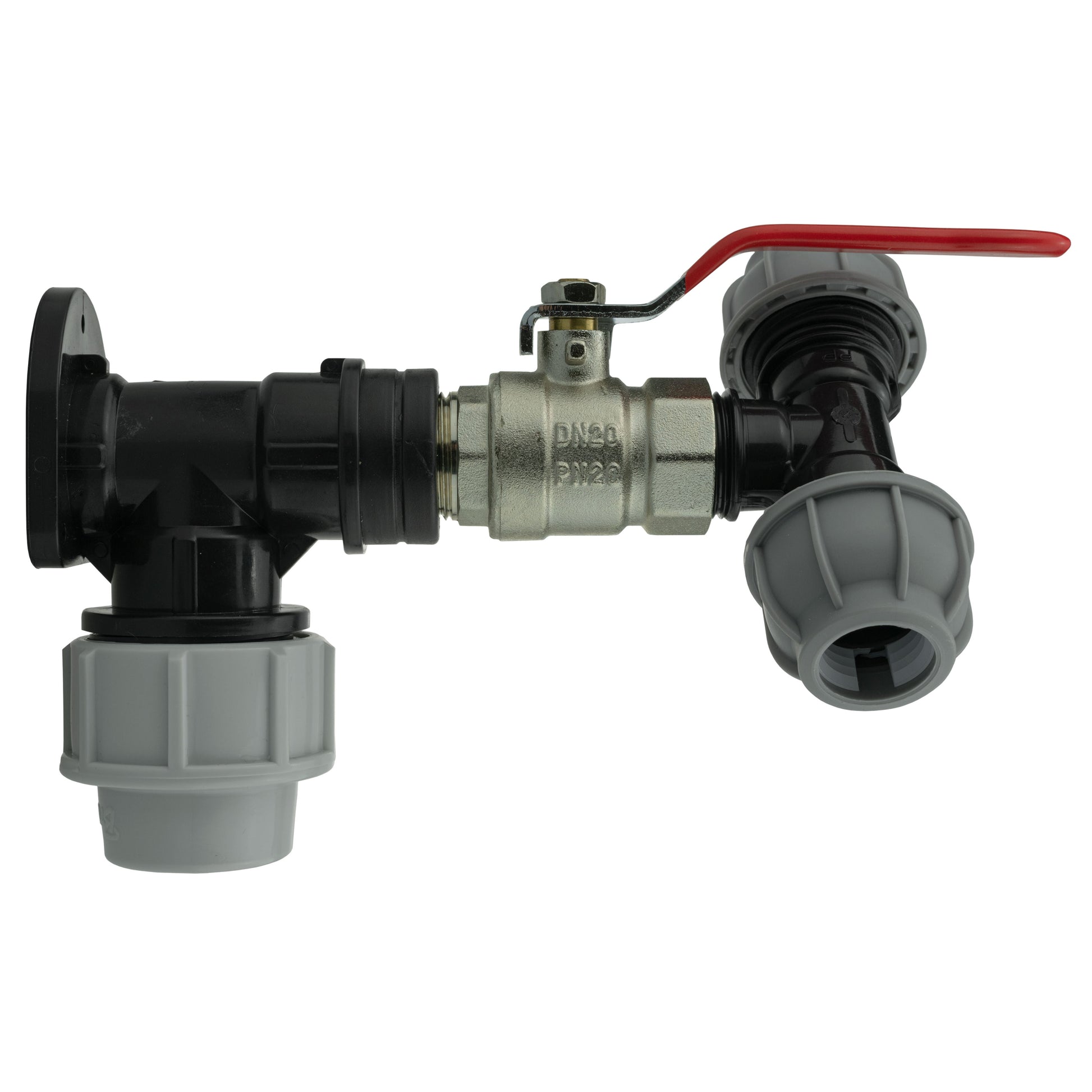 AP Supplies Wall Flange Kit 32mm MDPE + Lever Valve + 20mm MDPE Tee