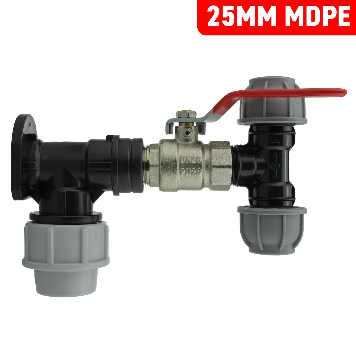 Wall Flange Kit 25mm MDPE + Lever Valve + 20mm MDPE Tee for Brass Water Fitting