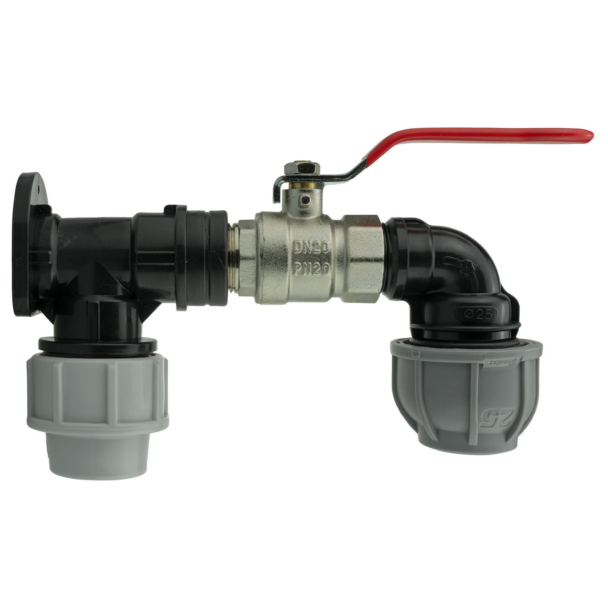 AP Supplies Wall Flange Kit 32mm MDPE + Lever Valve + 25mm MDPE Elbow