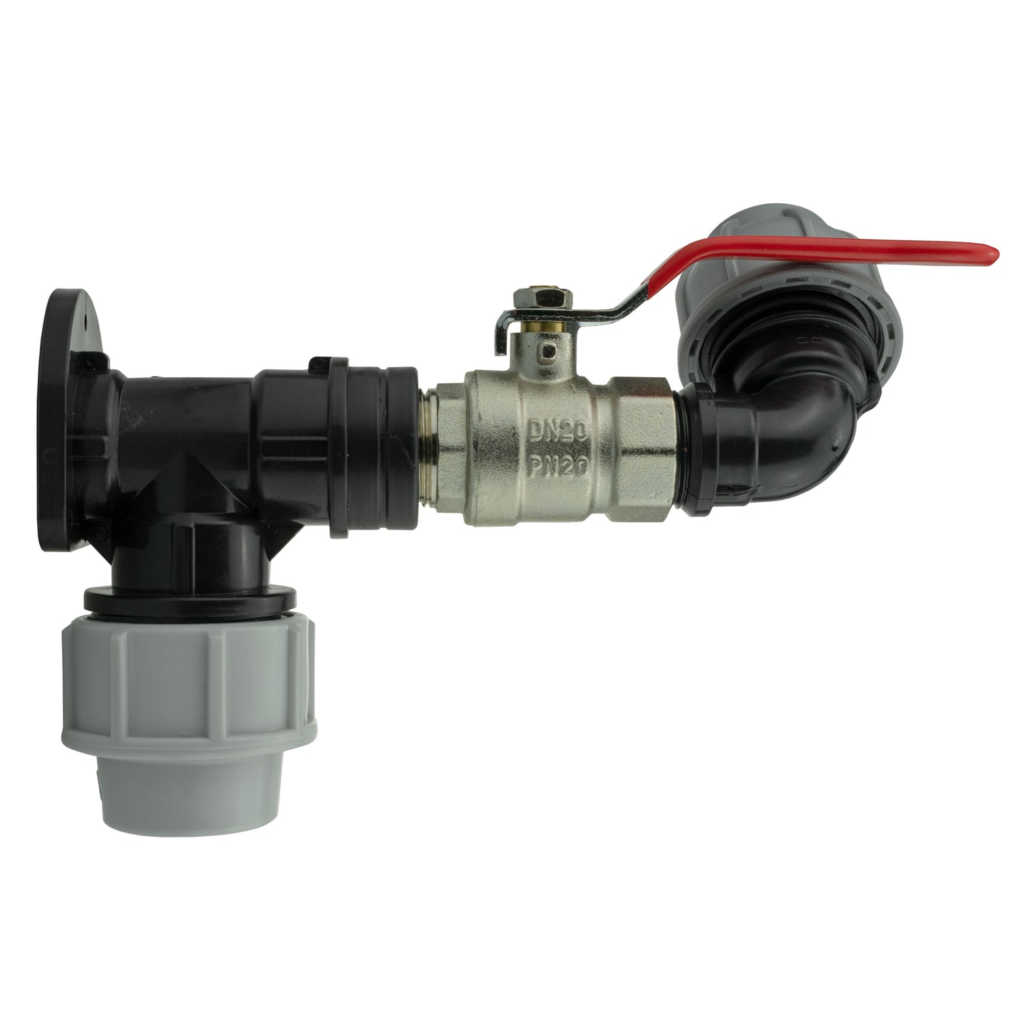 Wall Flange Kit 25mm MDPE + Lever Valve + 25mm MDPE Elbow for Hose Connector Set