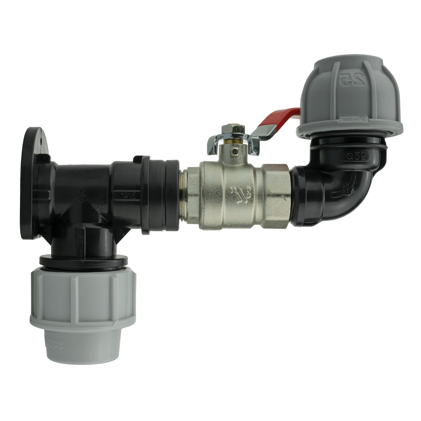 AP Supplies Wall Flange Kit 32mm MDPE + Lever Valve + 25mm MDPE Elbow