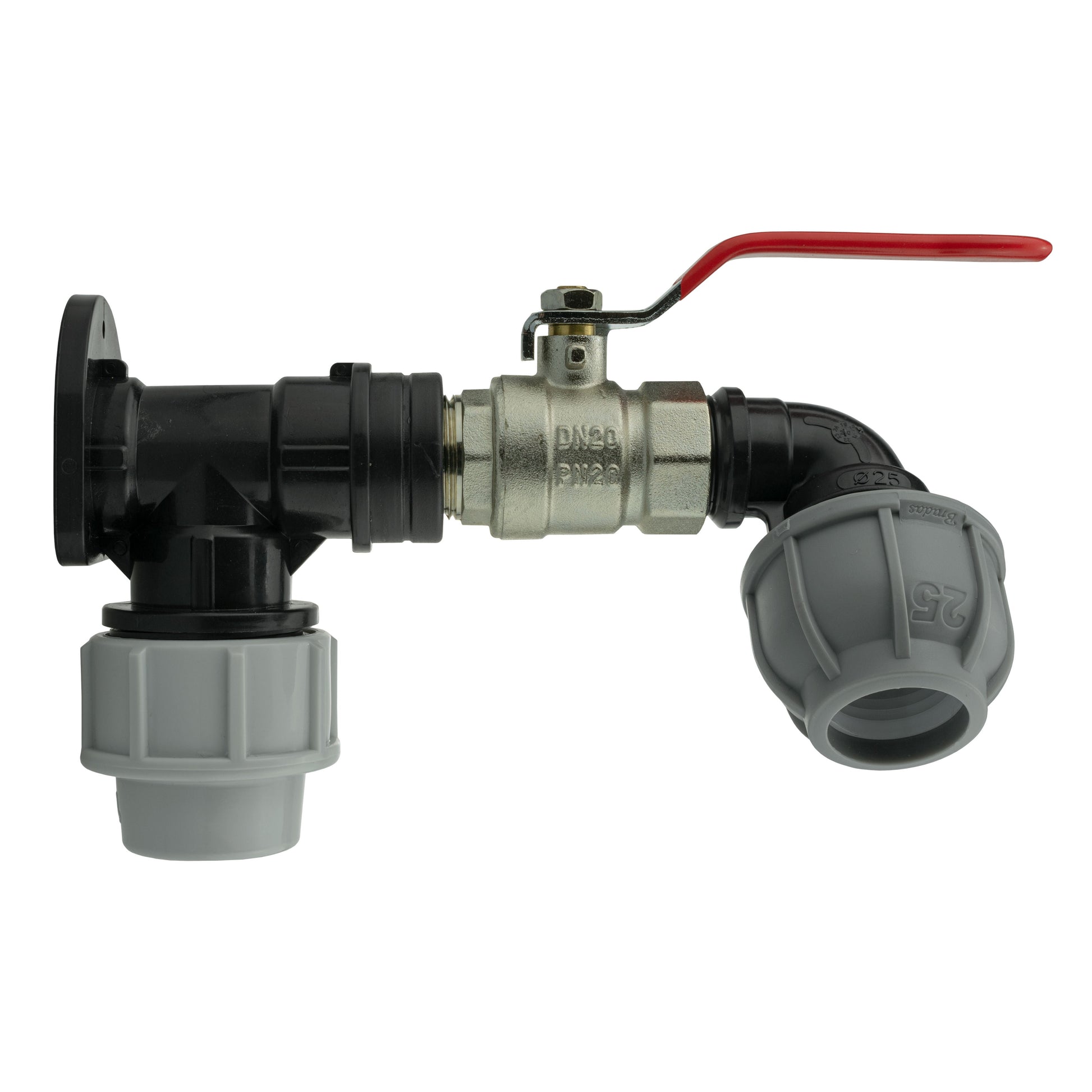 AP Supplies Wall Flange Kit 32mm MDPE + Lever Valve + 25mm MDPE Elbow