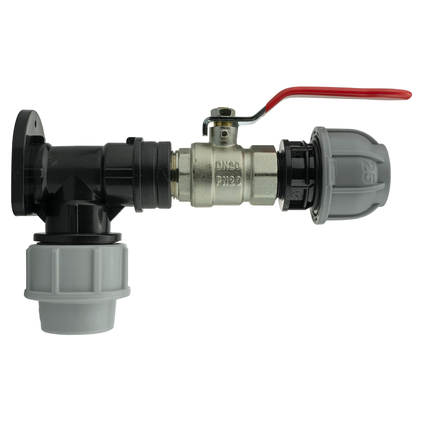 Wall Flange Kit 25mm MDPE + Lever Valve + 25mm MDPE Straight for Water Connector
