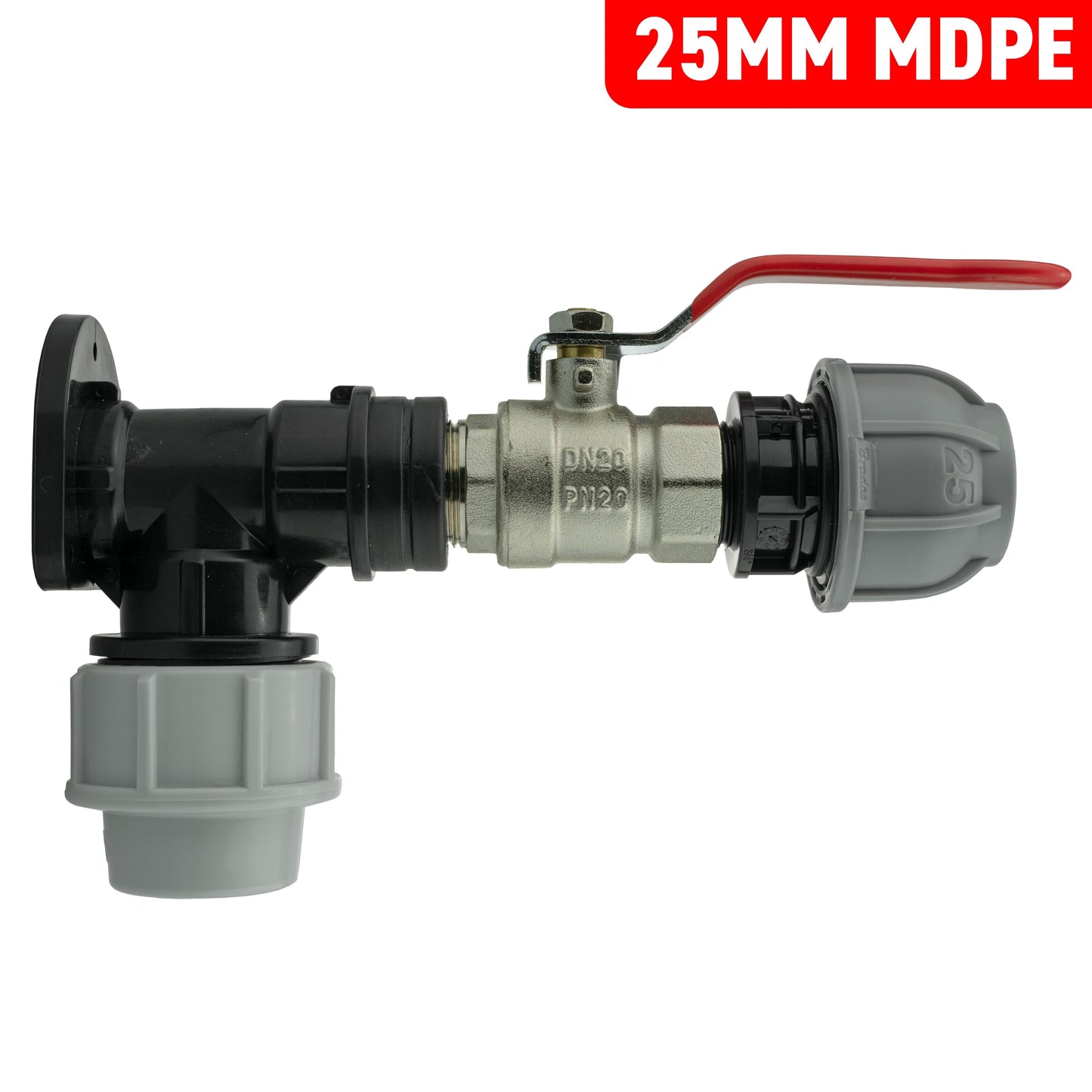 Wall Flange Kit 25mm MDPE + Lever Valve + 25mm MDPE Straight for Water Connector