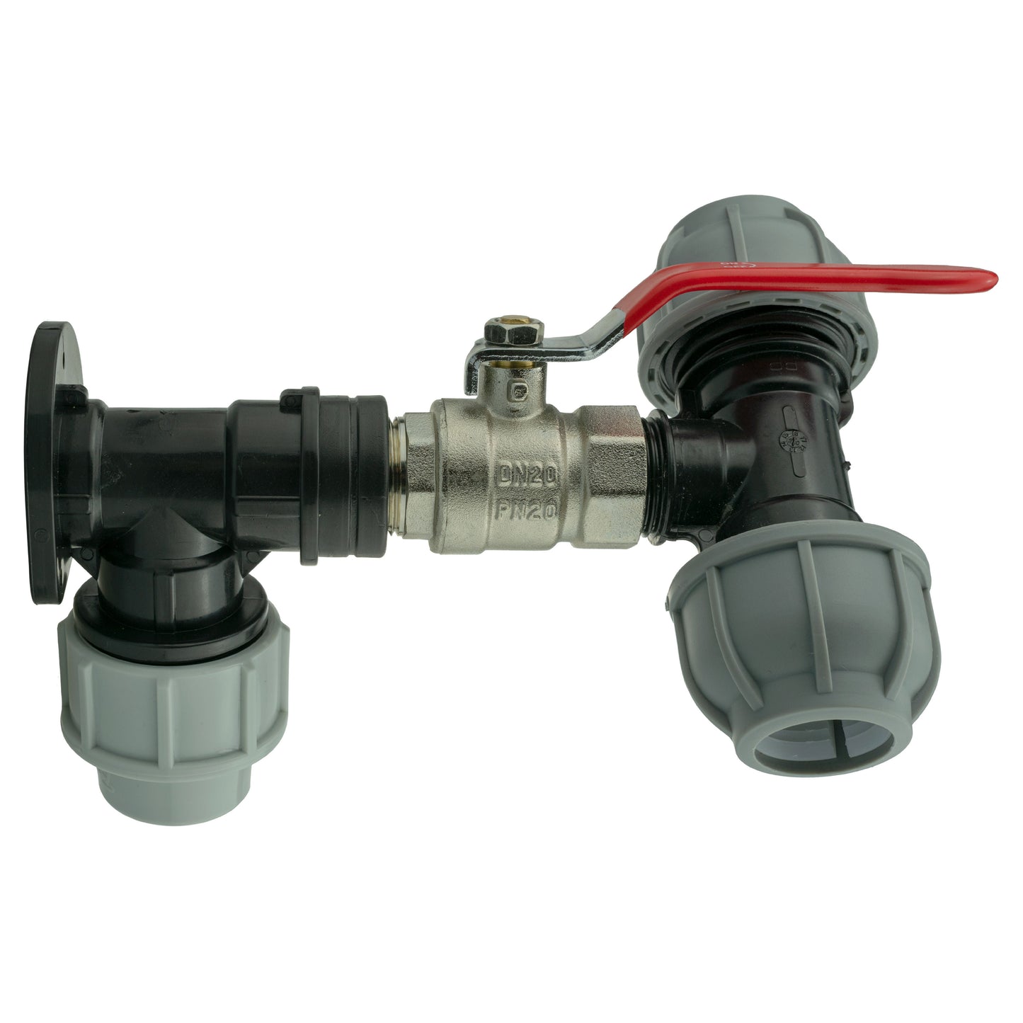 Wall Flange Kit 25mm MDPE + Lever Valve + 25mm MDPE Tee for Brass Water Fitting