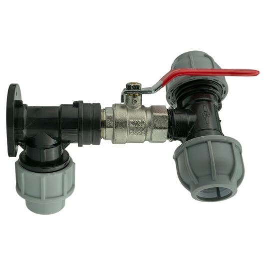 Wall Flange Kit 25mm MDPE + Lever Valve + 25mm MDPE Tee for Brass Water Fitting