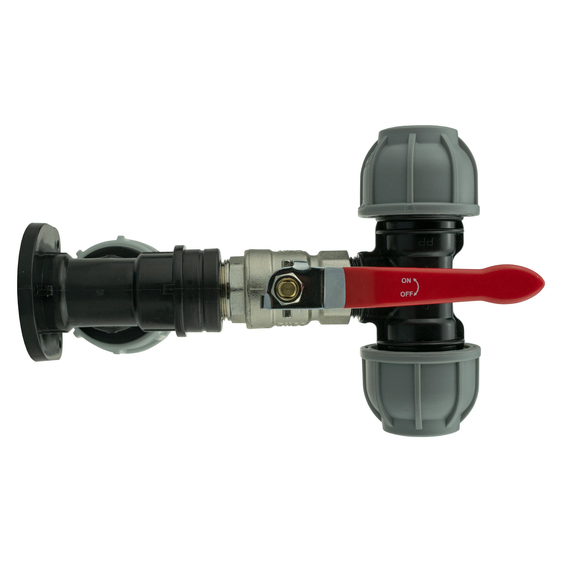 AP Supplies Wall Flange Kit 32mm MDPE + Lever Valve + 25mm MDPE Tee