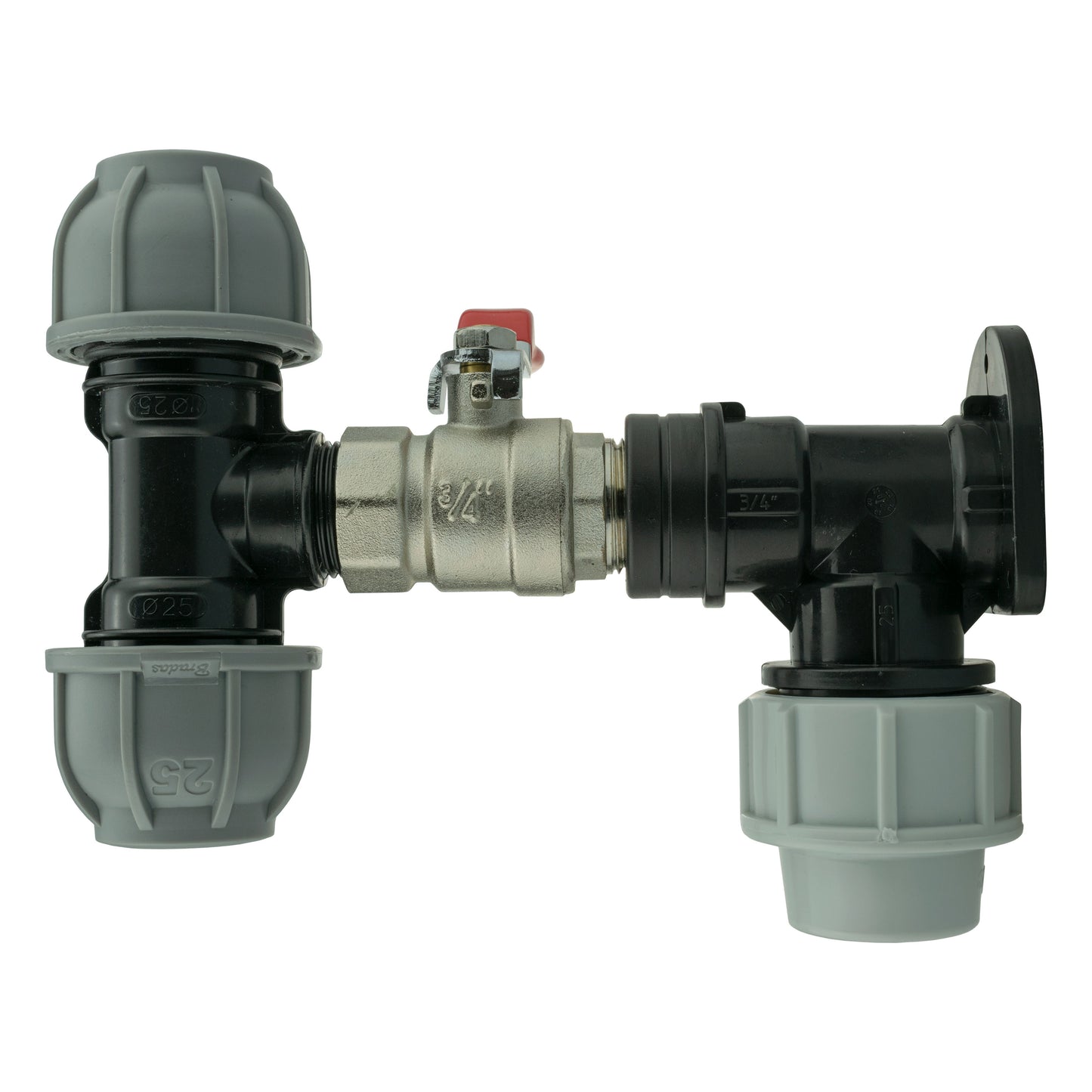 AP Supplies Wall Flange Kit 32mm MDPE + Lever Valve + 25mm MDPE Tee