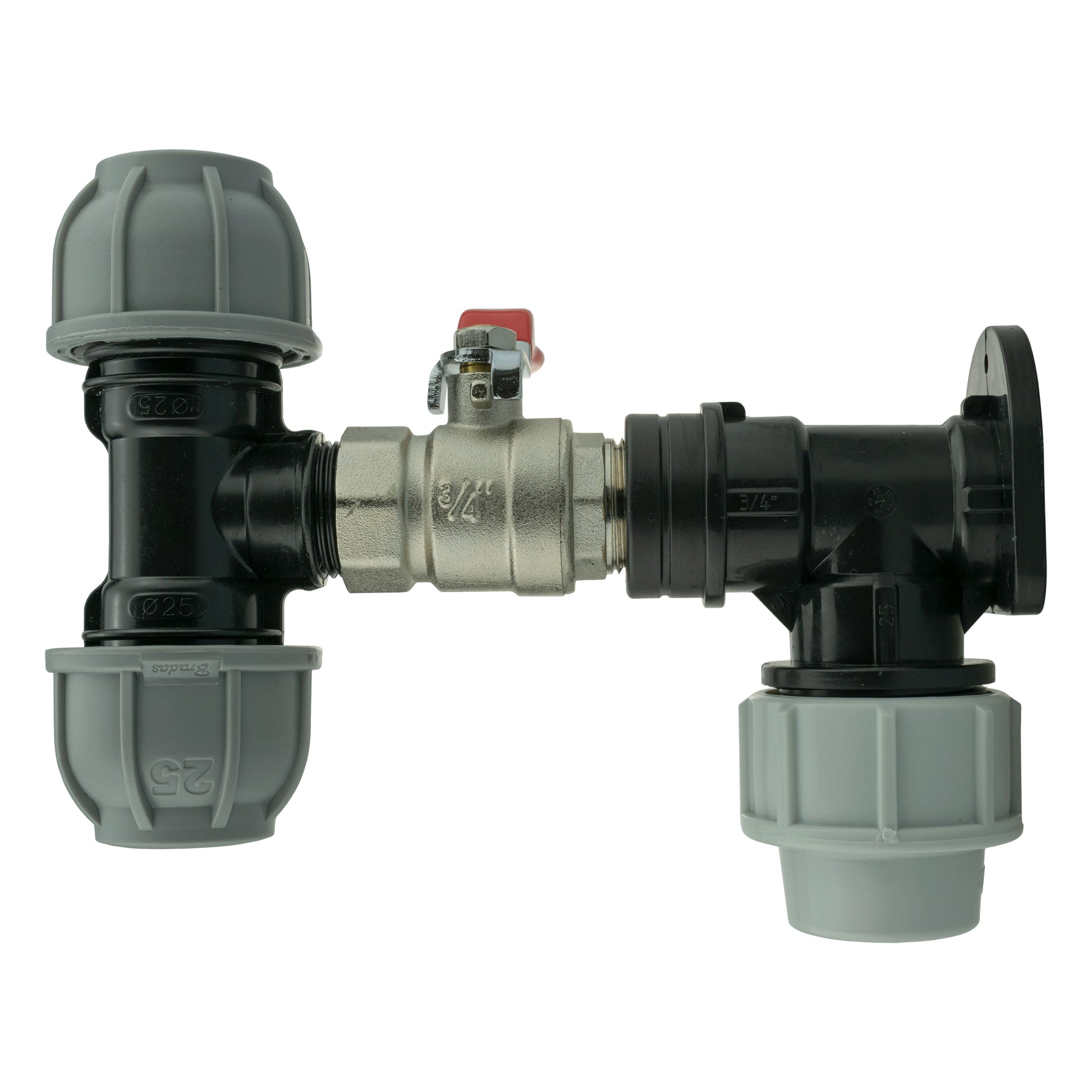 AP Supplies Wall Flange Kit 32mm MDPE + Lever Valve + 25mm MDPE Tee