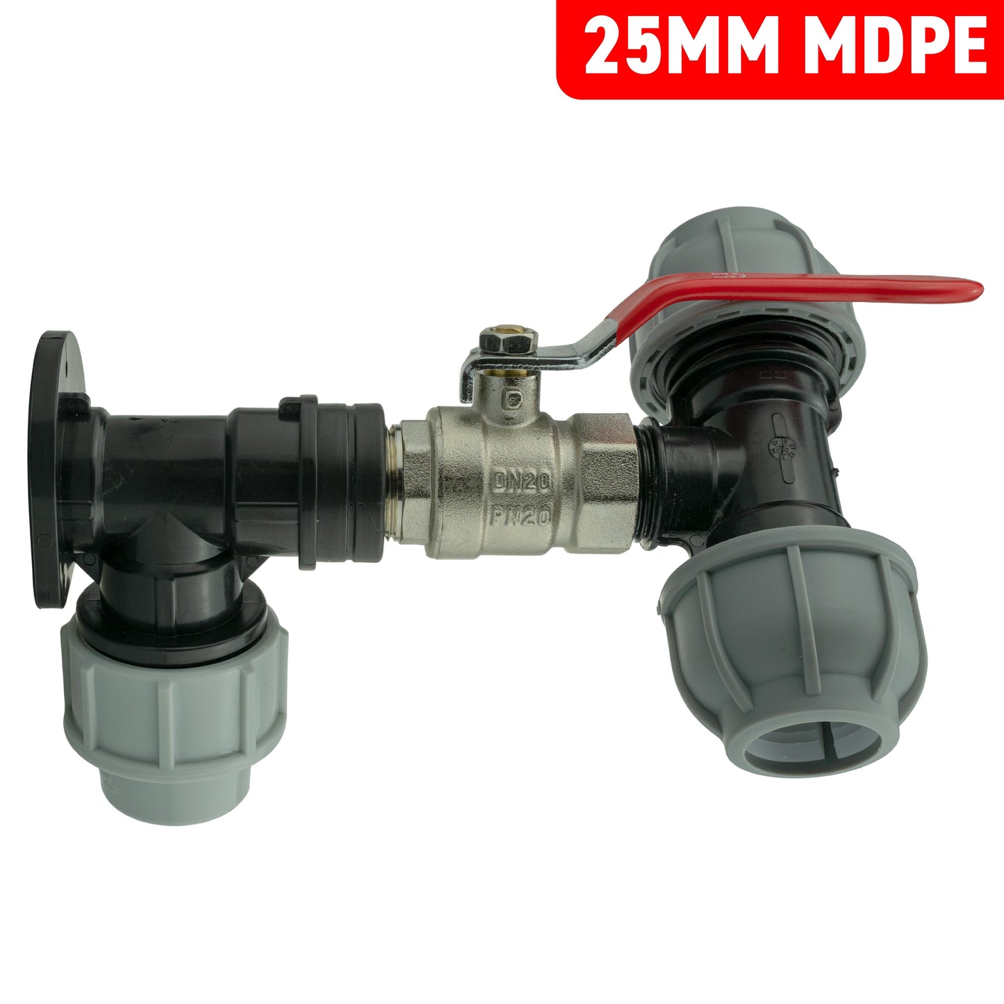 Wall Flange Kit 25mm MDPE + Lever Valve + 25mm MDPE Tee for Brass Water Fitting