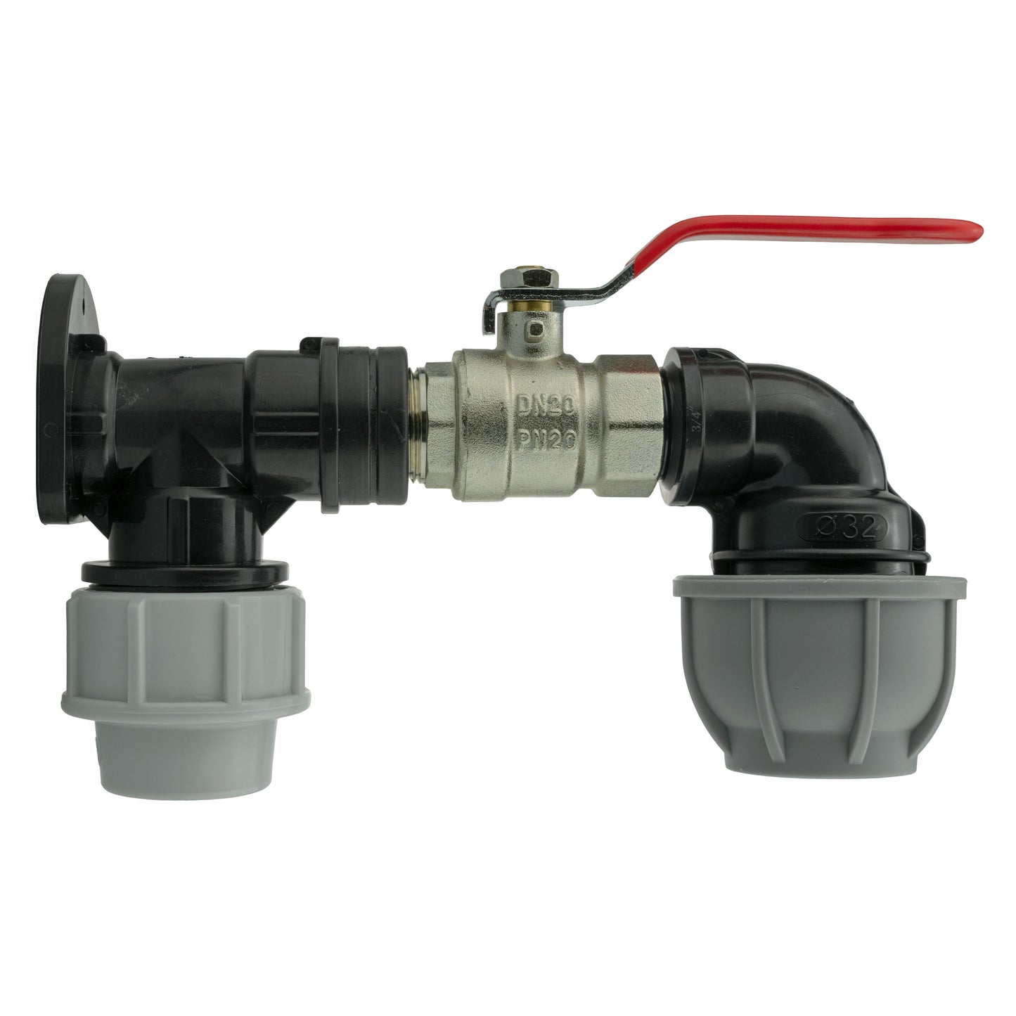 Wall Flange Kit 25mm MDPE + Lever Valve + 32mm MDPE Elbow for Hose Connector Set