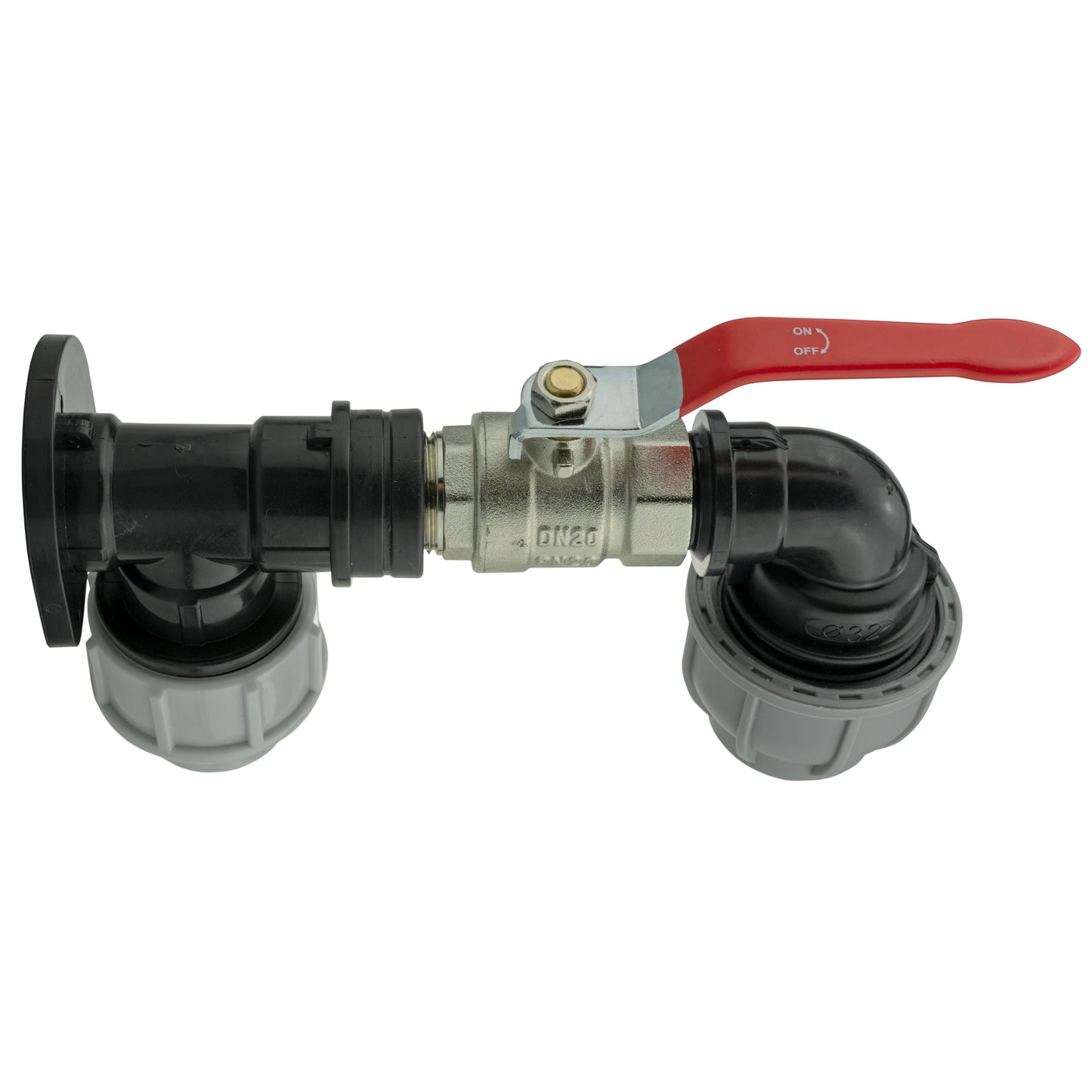 AP Supplies Wall Flange Kit 32mm MDPE + Lever Valve + 32mm MDPE Elbow