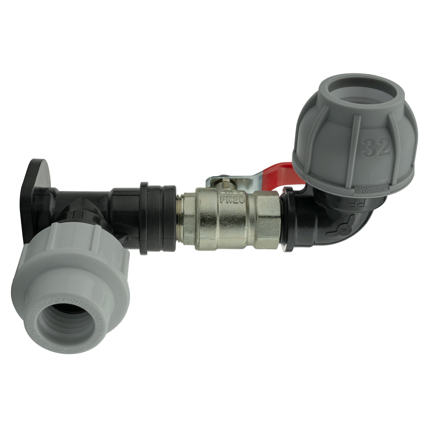 Wall Flange Kit 25mm MDPE + Lever Valve + 32mm MDPE Elbow for Hose Connector Set