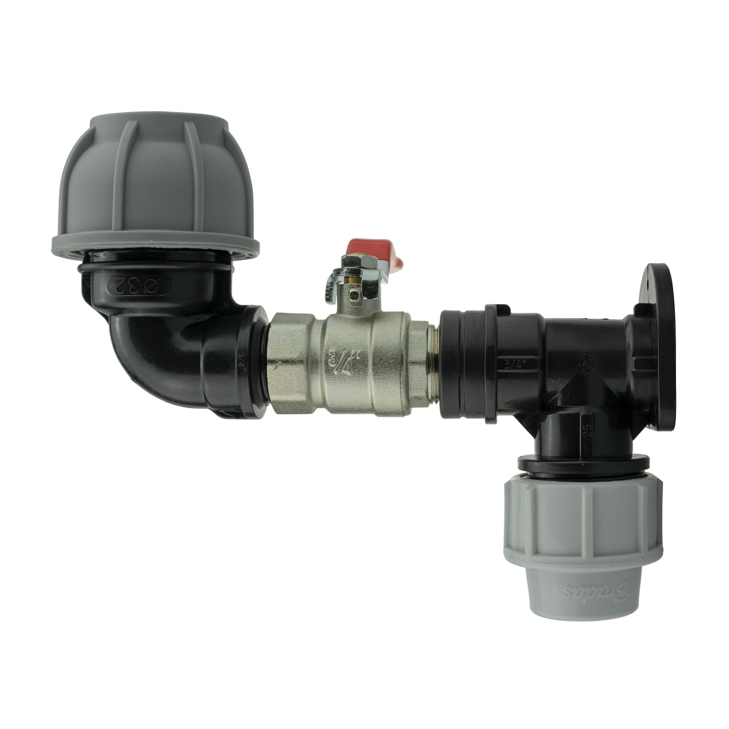 Wall Flange Kit 25mm MDPE + Lever Valve + 32mm MDPE Elbow for Hose Connector Set