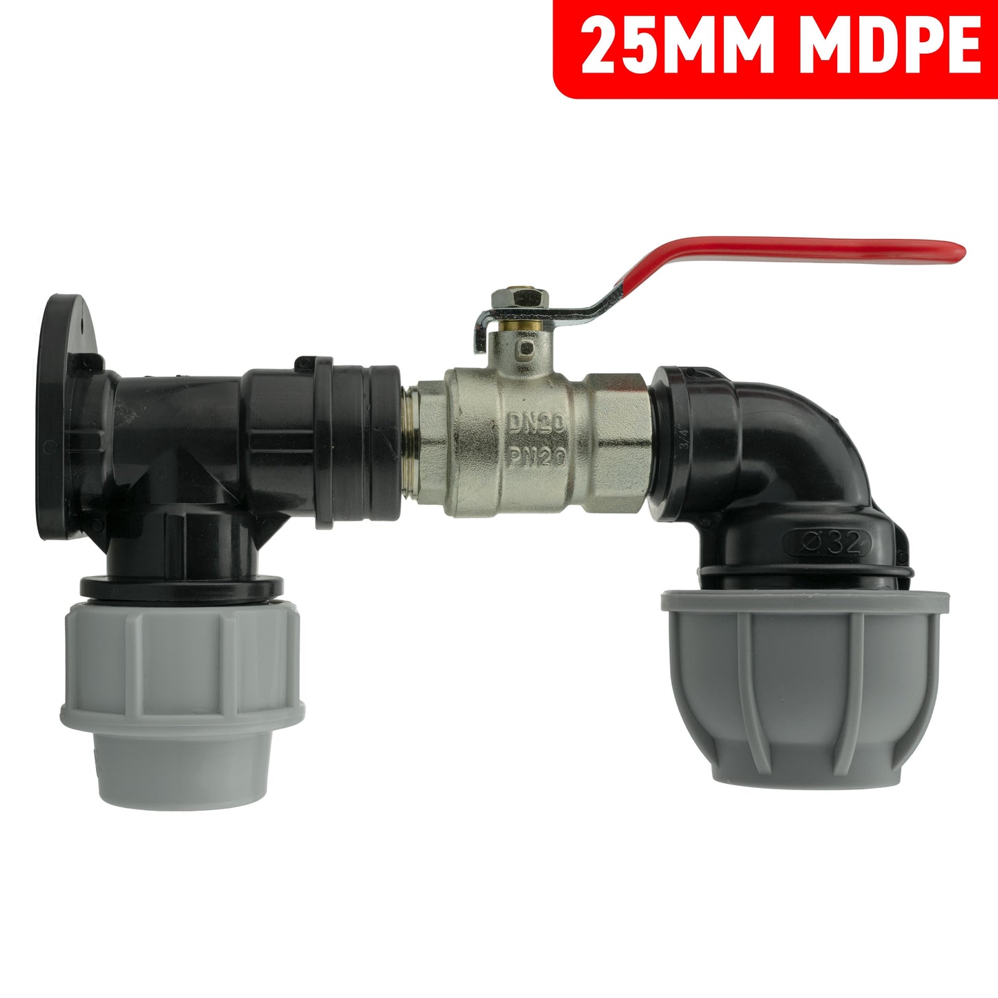 Wall Flange Kit 25mm MDPE + Lever Valve + 32mm MDPE Elbow for Hose Connector Set
