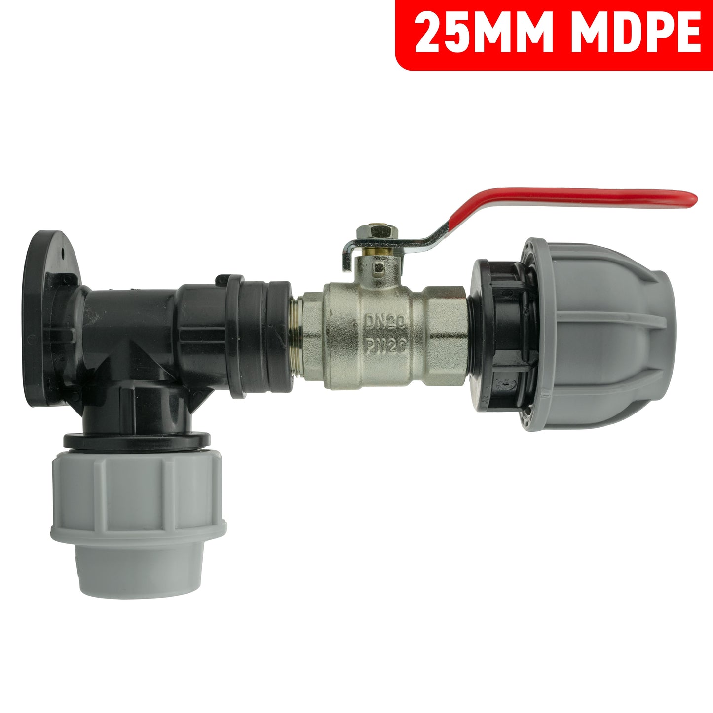 Wall Flange Kit 25mm MDPE + Lever Valve + 32mm MDPE Joiner for Hose Pipe Fitting