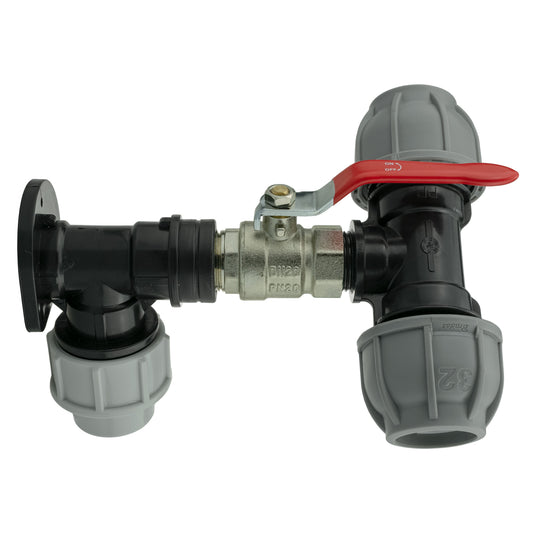 Wall Flange Kit 25mm MDPE + Lever Valve + 32mm MDPE Tee for Brass Water Fitting