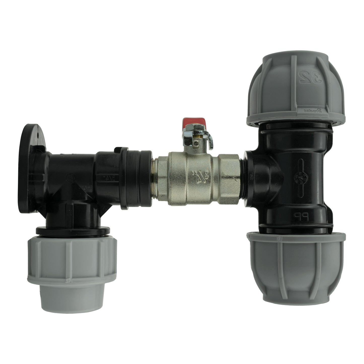 AP Supplies Wall Flange Kit 32mm MDPE + Lever Valve + 32mm MDPE Tee