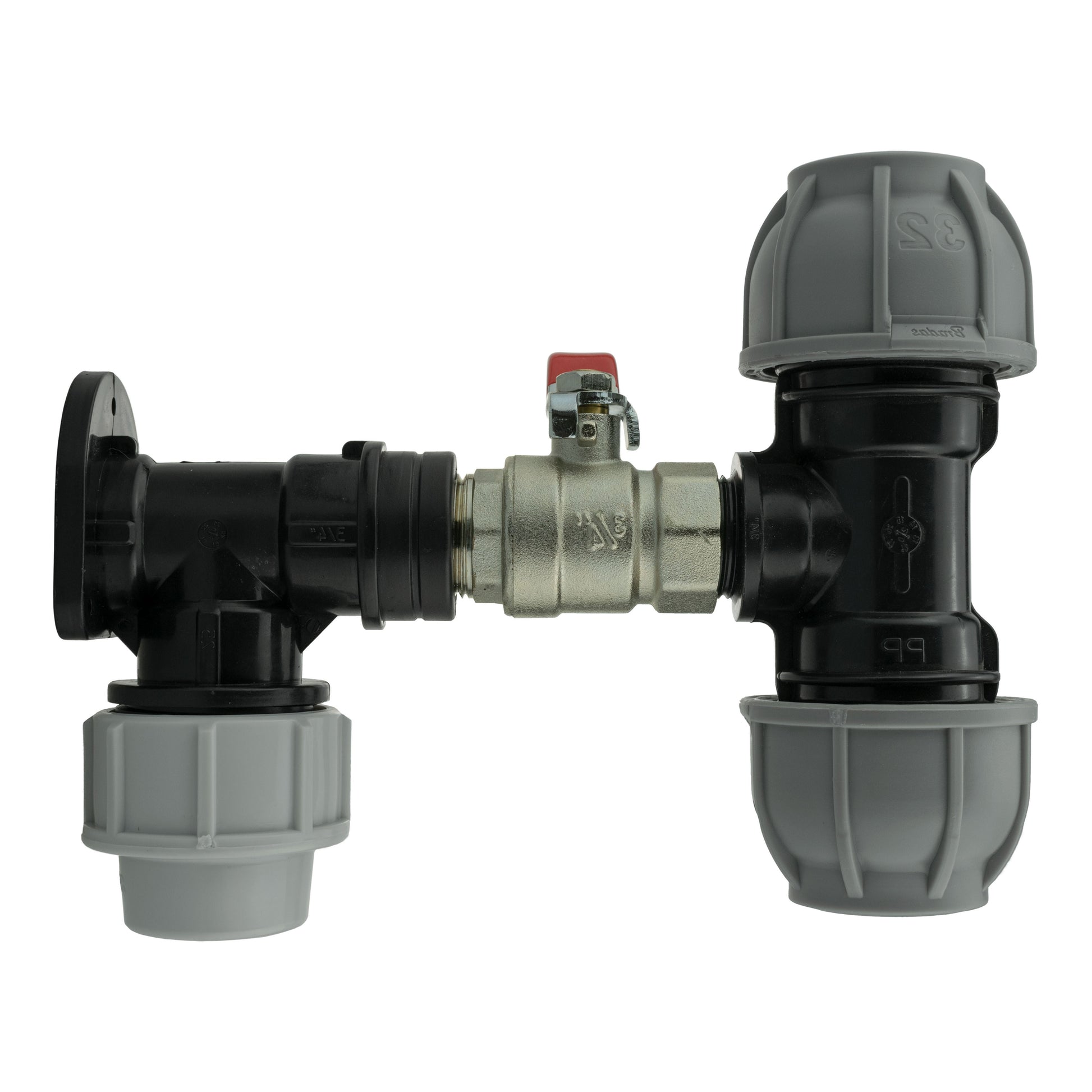 AP Supplies Wall Flange Kit 32mm MDPE + Lever Valve + 32mm MDPE Tee