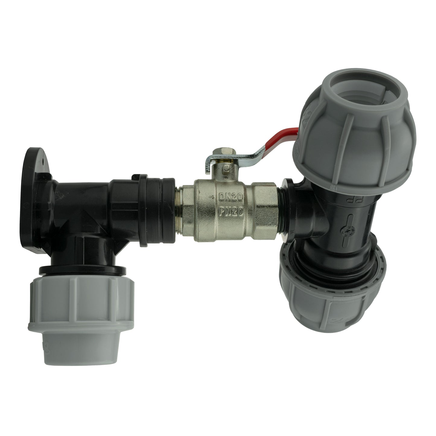 Wall Flange Kit 25mm MDPE + Lever Valve + 32mm MDPE Tee for Brass Water Fitting