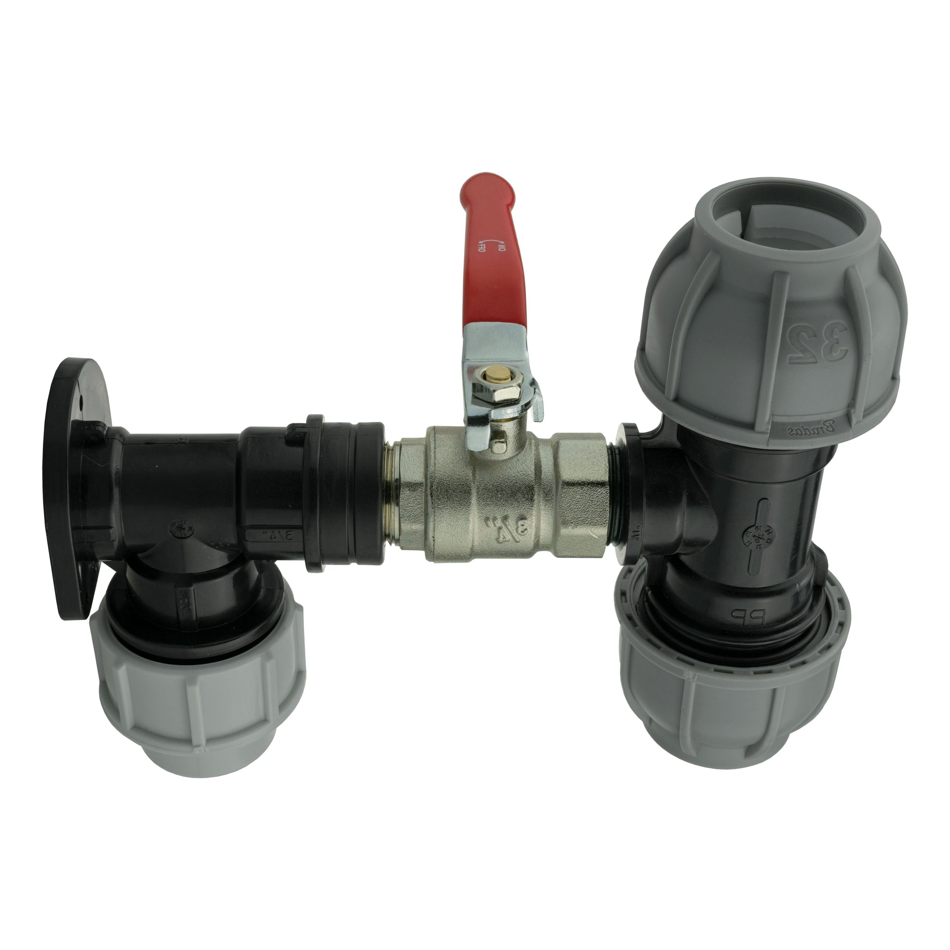 AP Supplies Wall Flange Kit 32mm MDPE + Lever Valve + 32mm MDPE Tee
