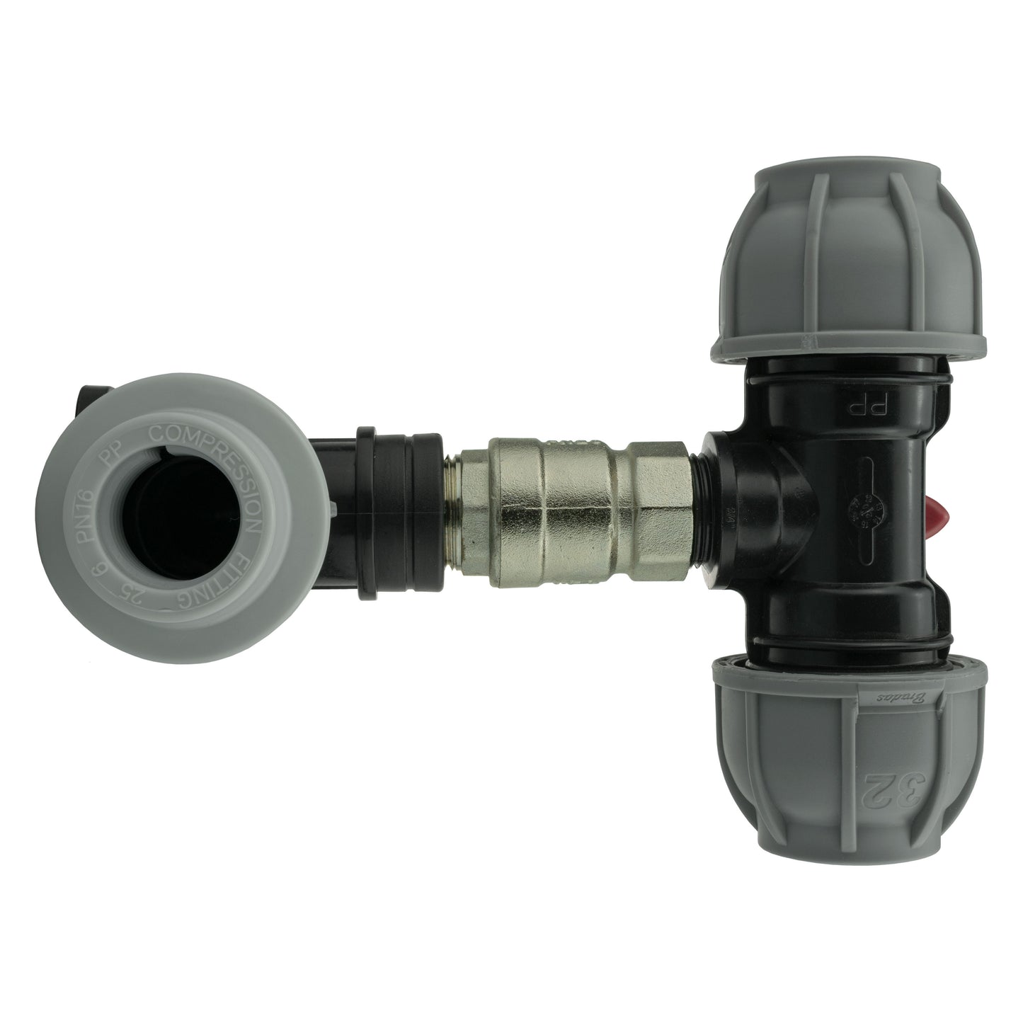 AP Supplies Wall Flange Kit 32mm MDPE + Lever Valve + 32mm MDPE Tee