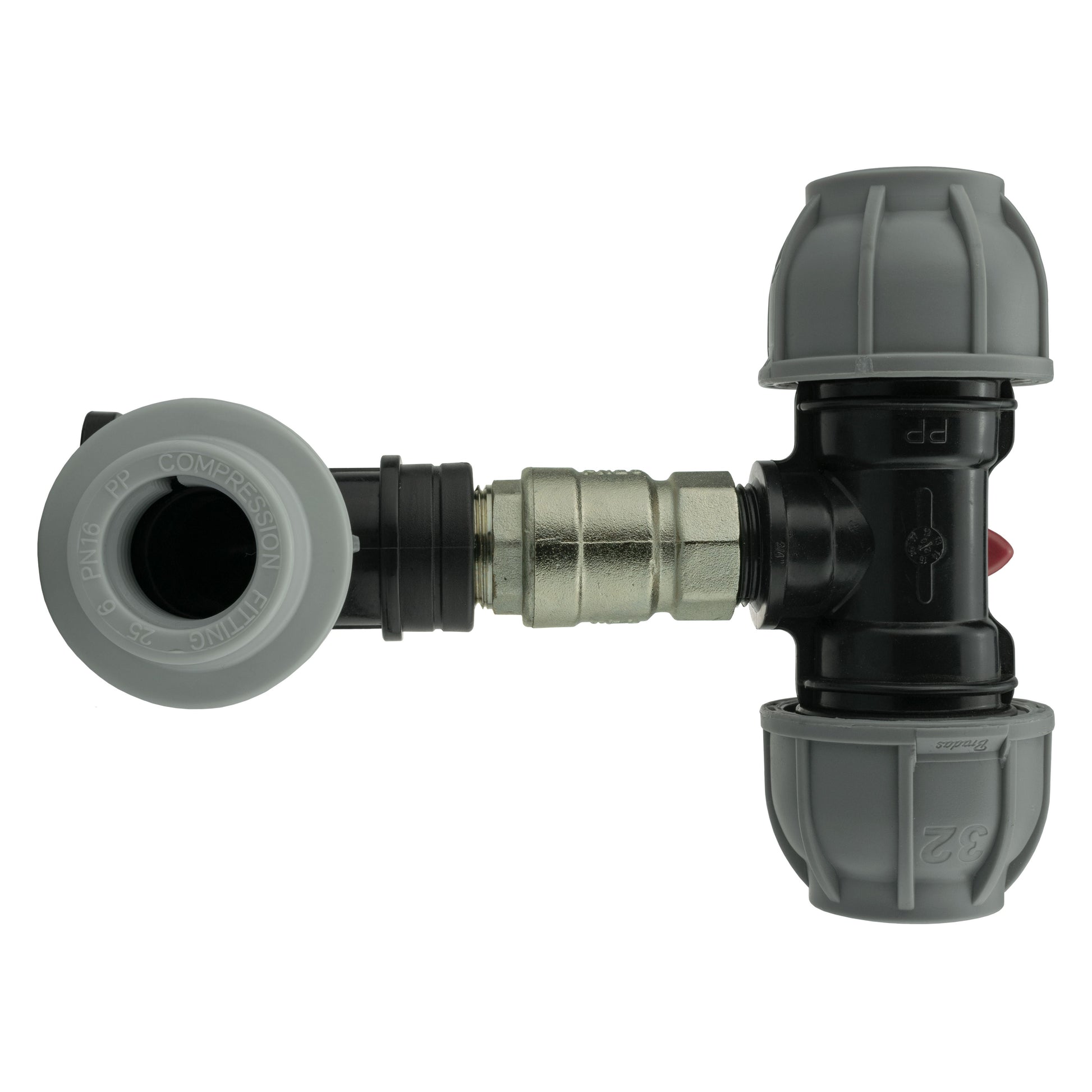AP Supplies Wall Flange Kit 32mm MDPE + Lever Valve + 32mm MDPE Tee