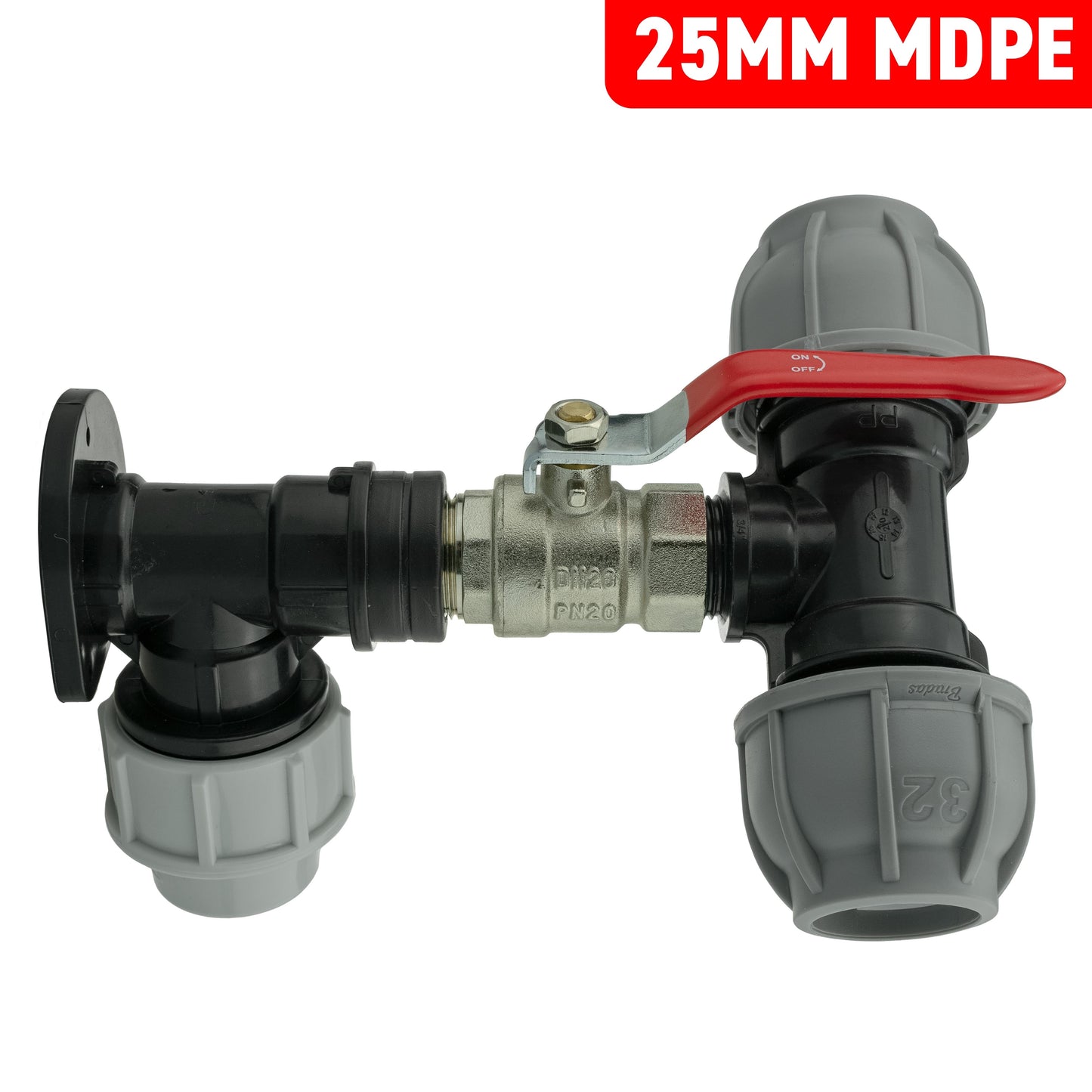 Wall Flange Kit 25mm MDPE + Lever Valve + 32mm MDPE Tee for Brass Water Fitting