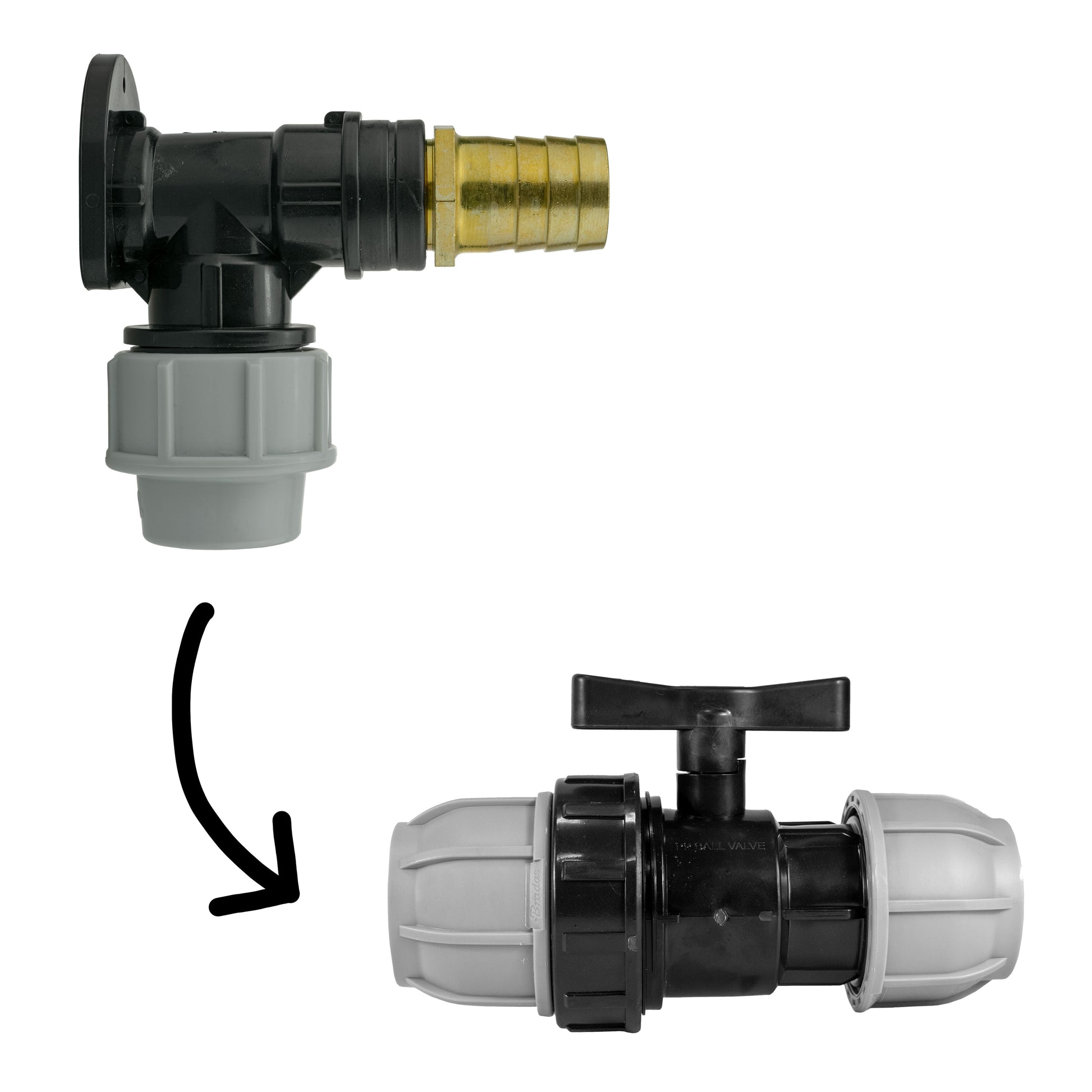 AP Supplies Wall Flange Kit 32mm MDPE + 32mm MDPE Valve + 25mm Brass Barb