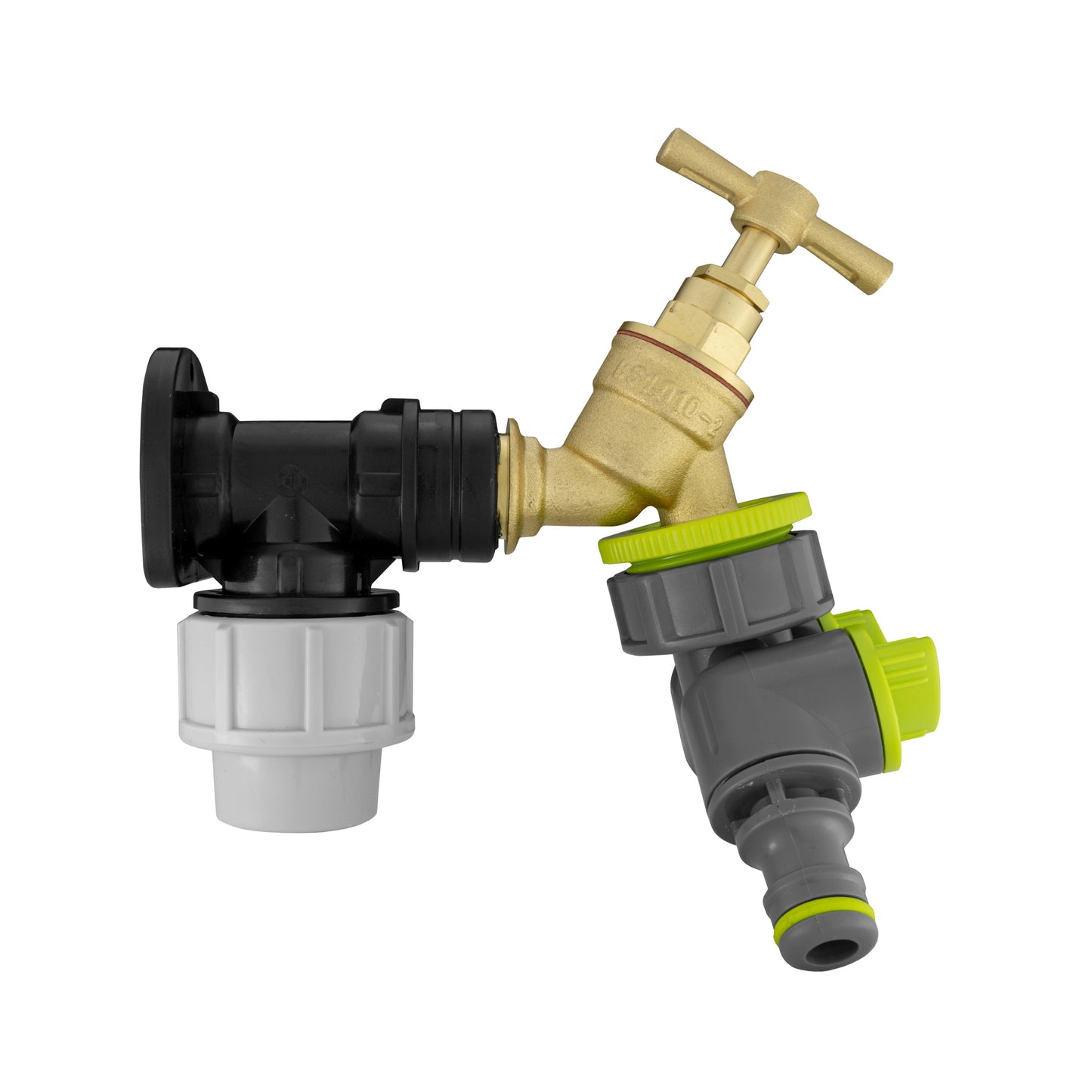 AP Supplies Wall Flange Kit 32mm MDPE + Brass Bib Tap + Lime Two Way Tap Splitter