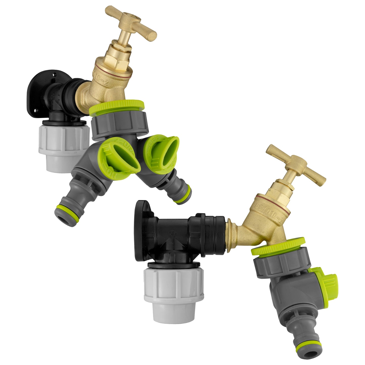 AP Supplies Wall Flange Kit 32mm MDPE + Brass Bib Tap + Lime Two Way Tap Splitter