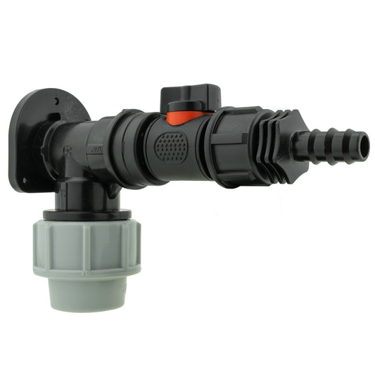 AP Supplies Wall Flange Kit 32mm MDPE + In-Line Valve + 1/2" Barb