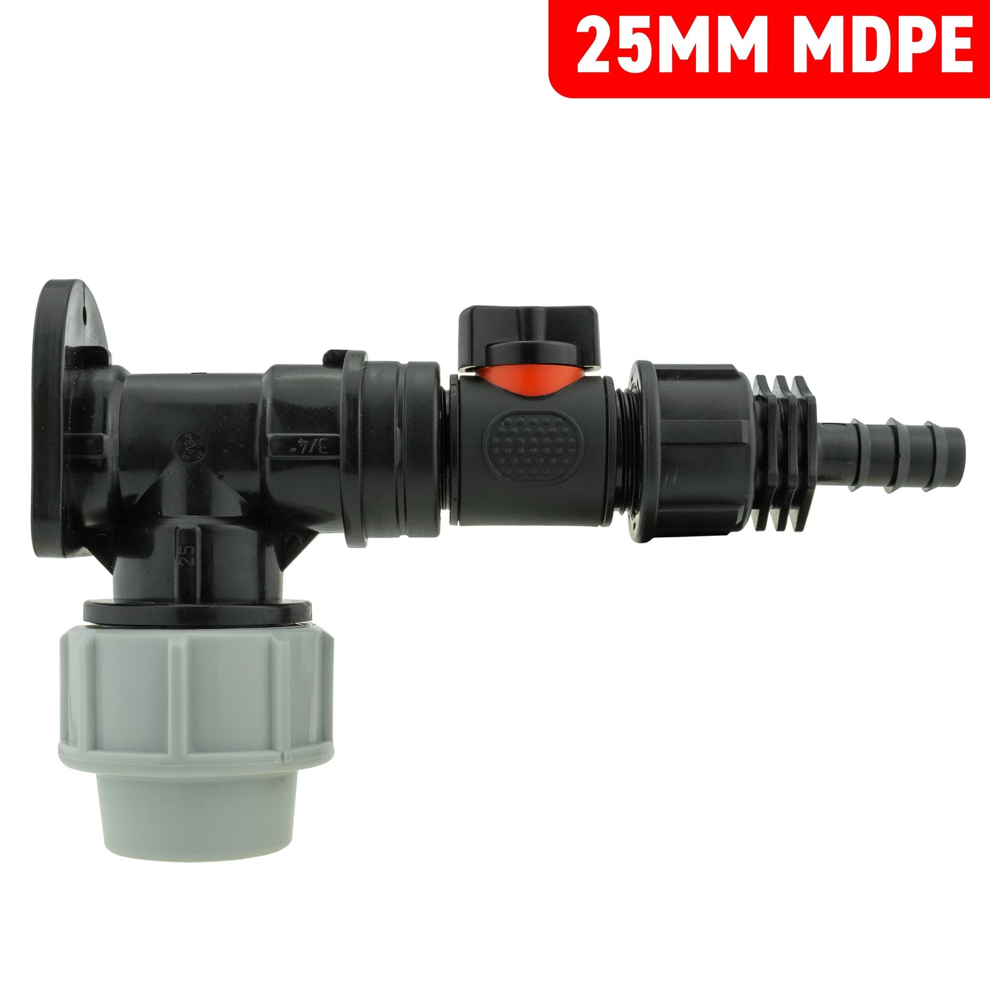 Wall Flange Kit 25mm MDPE + In-Line Valve + 1/2in Barb for Garden Irrigation Kit
