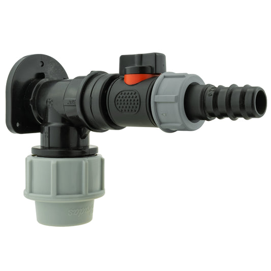 AP Supplies Wall Flange Kit 32mm MDPE + In-Line Valve + 20mm Barb